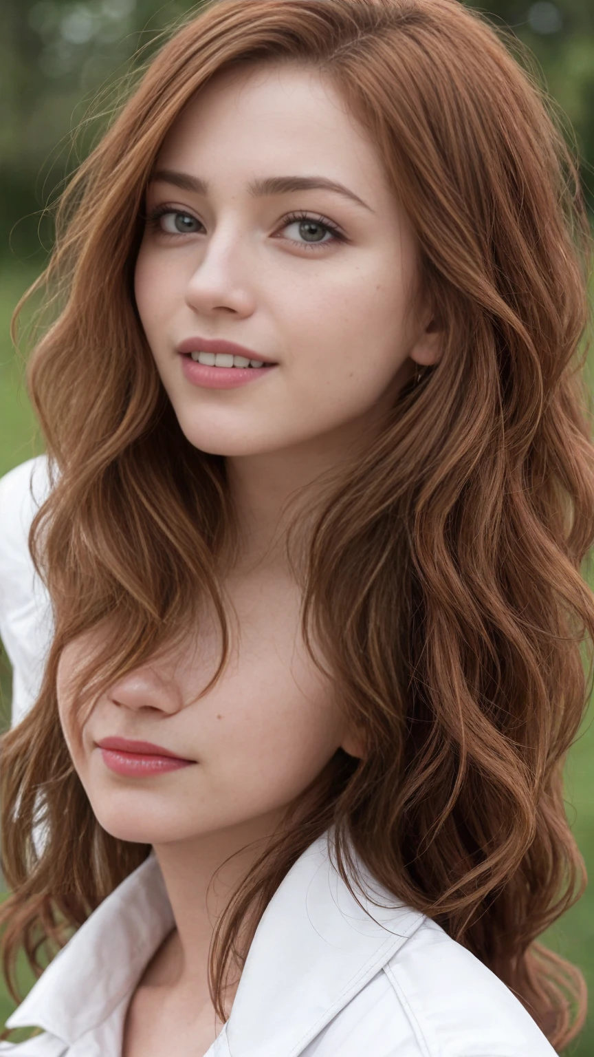 masterpiece, realistic, detailed eyes, beautiful, looking at the viewer, natural lighting, depth of field, film grain, wrinkled skin, 24yo, female, solo, wavy long red viola hair,  yellow brown eyes, brown skin, red lips, formal white shirt with black jackets , freckles, smile, lips, upper body, Portrait, Close-up, Front view, Exterior