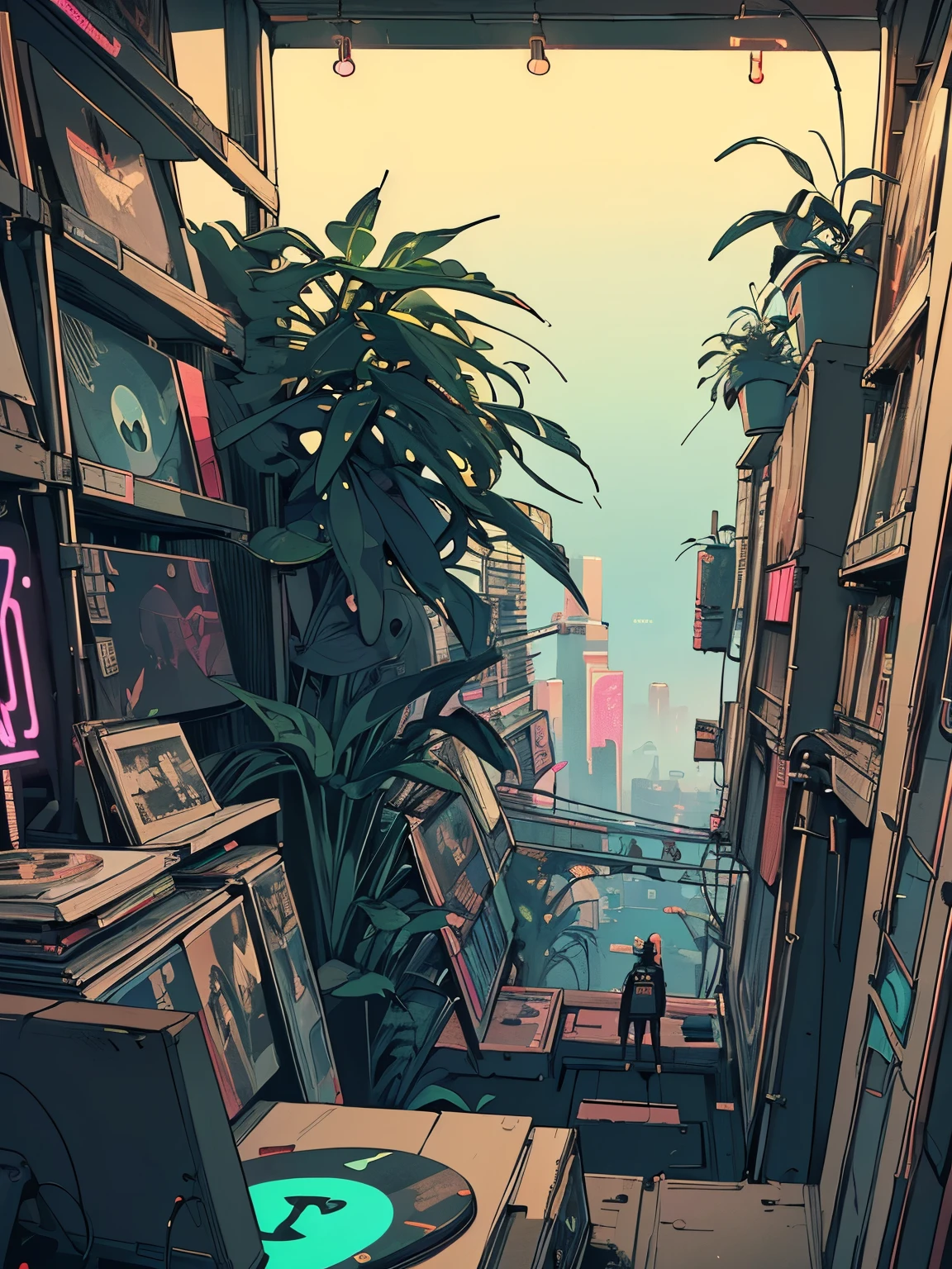 extreme quality, masterpiece, unity 8k wallpaper, depth of field, ultra detailed,high-resolution, (((unattended))), (((record store))), nostalgia, panorama, long shot, (((records on the shelves.))), (((Various angles))),(((Plants))), (((cyberpunk))), (((neon))),(((front view)))