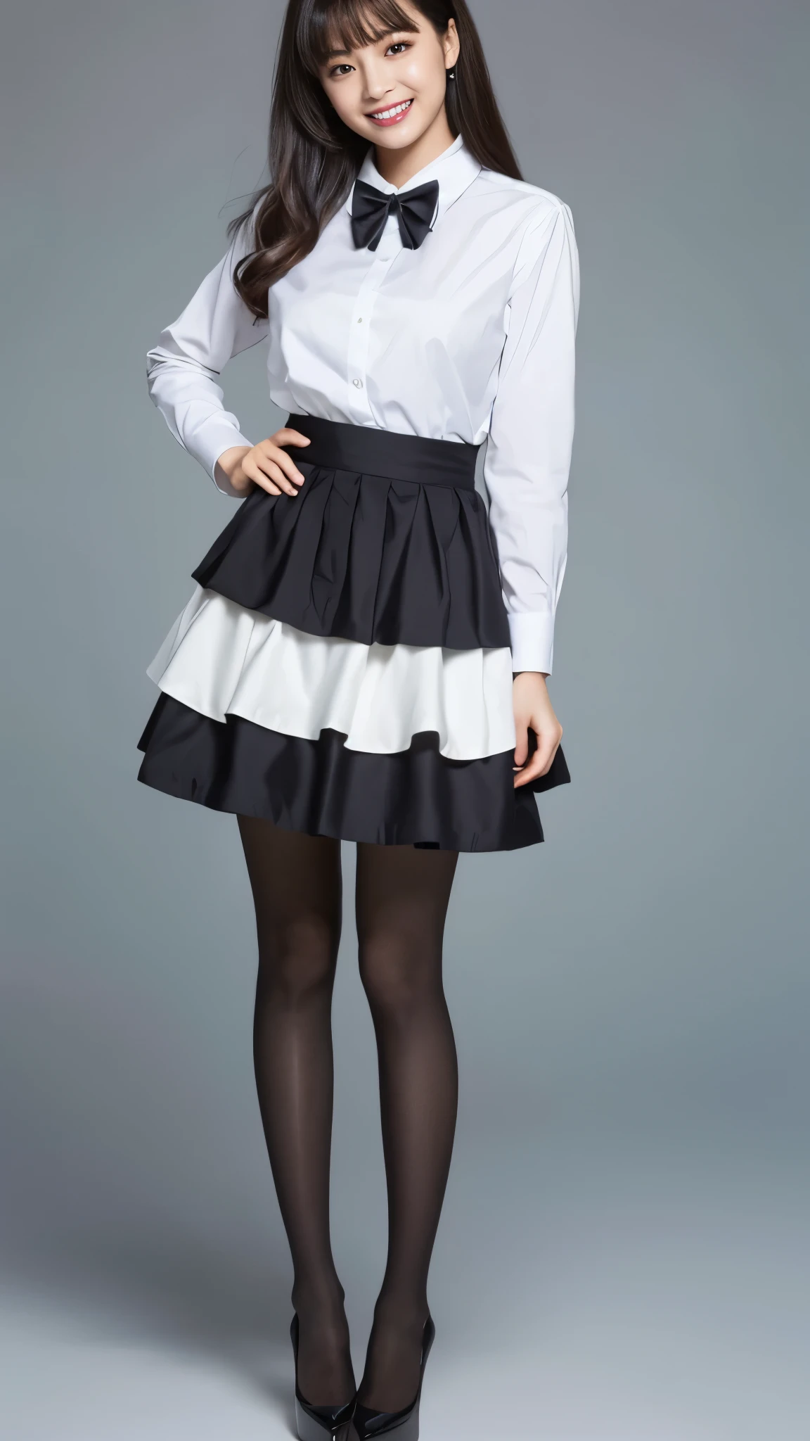 Bunny girl in maid clothes:1.5，Wearing black tights:1.5，The best smile:1.5，Full Body Shot:1.5，Gray background:1.5，Wearing black high heels:1.5，Fluttering mini skirt:1.5