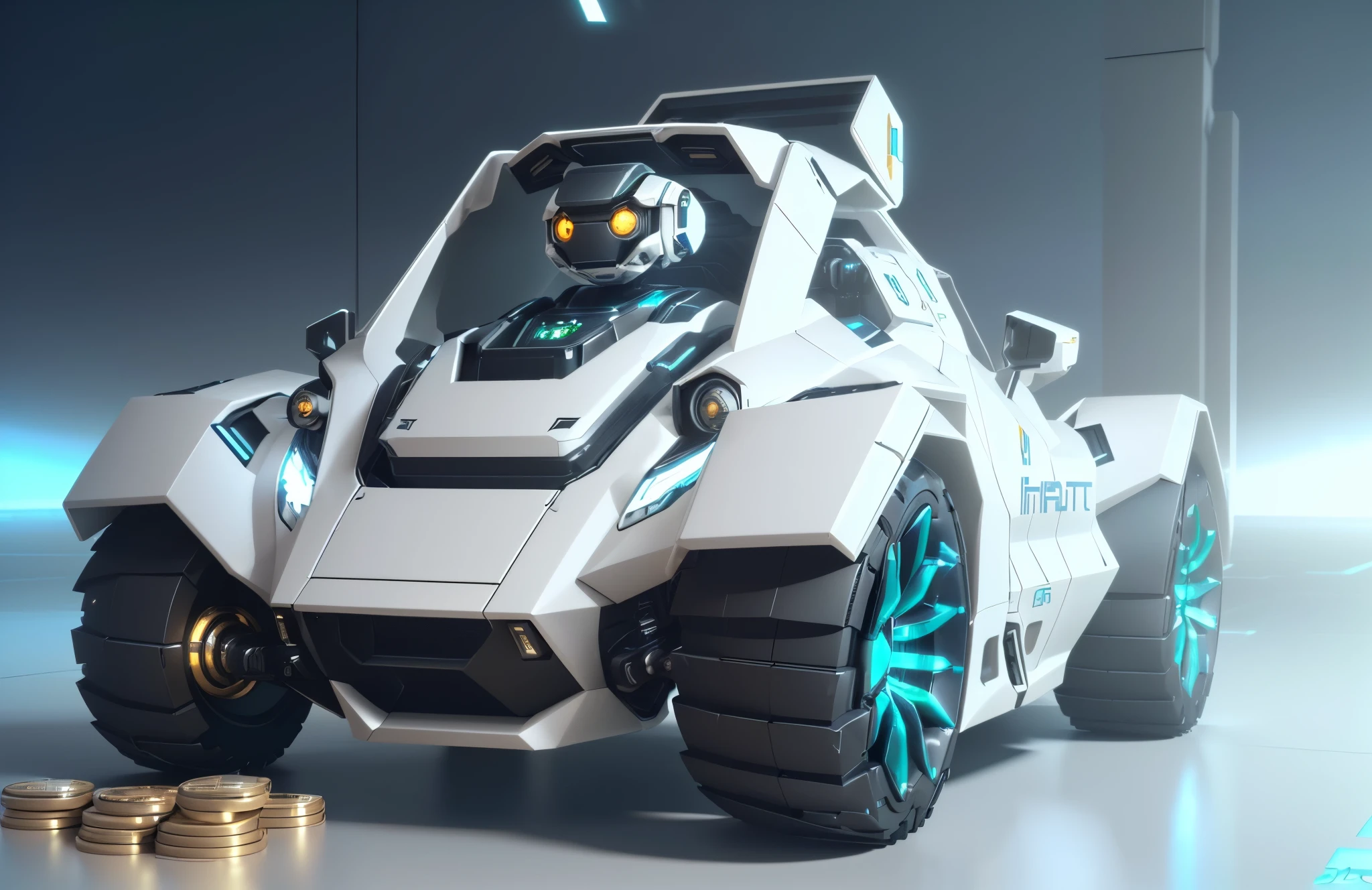 there is a robot that is sitting on the ground with coins, cute future vehicles, futuristic cars and mecha robots, futuristic robot, rendered in cinema 4 d octane, futuristic vehicle, stylized 3d render, hard surface modeling, stylized as a 3d render, rendered in cinema 4 d, rendered in cinema4d, concept robot, 3d rendered in octane