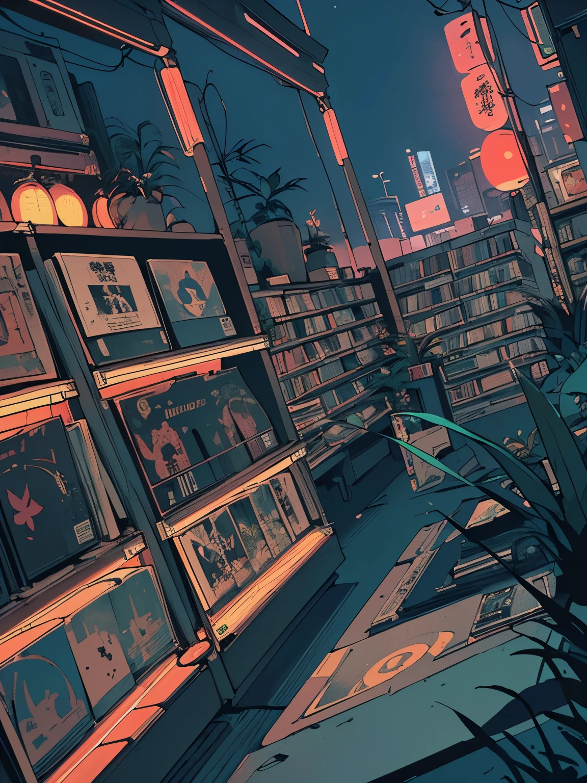 extreme quality, masterpiece, unity 8k wallpaper, depth of field, ultra detailed,high-resolution, (((unattended))), (((record store))), nostalgia, panorama, long shot, (((records on the shelves.))), (((Various angles))),(((Plants))), (((cyberpunk))), (((neon))),(((front view))),(((Night))),(((Japanese Atmosphere)))