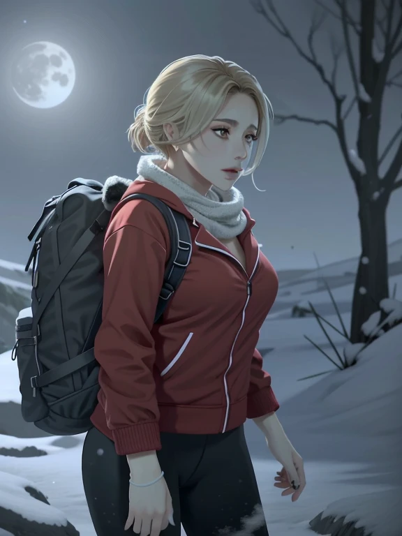 ((Best quality)), ((Masterpiece)), (detailed), (4K quality), (Detailed face:1.2), (Detailed eyes:1.2), (Perfect figure:1.2), 1girl, UDSam, solo, short hair, blonde hair, (Wearing: Red jacket, white leggings, fingerless gloves, snow boots and backpack), dark, gloomy dramatic, spooky lighting with lot of fog, foggy and snowing weather snowy, blizzard, in a forest, night time with huge white moon, upper body shot
