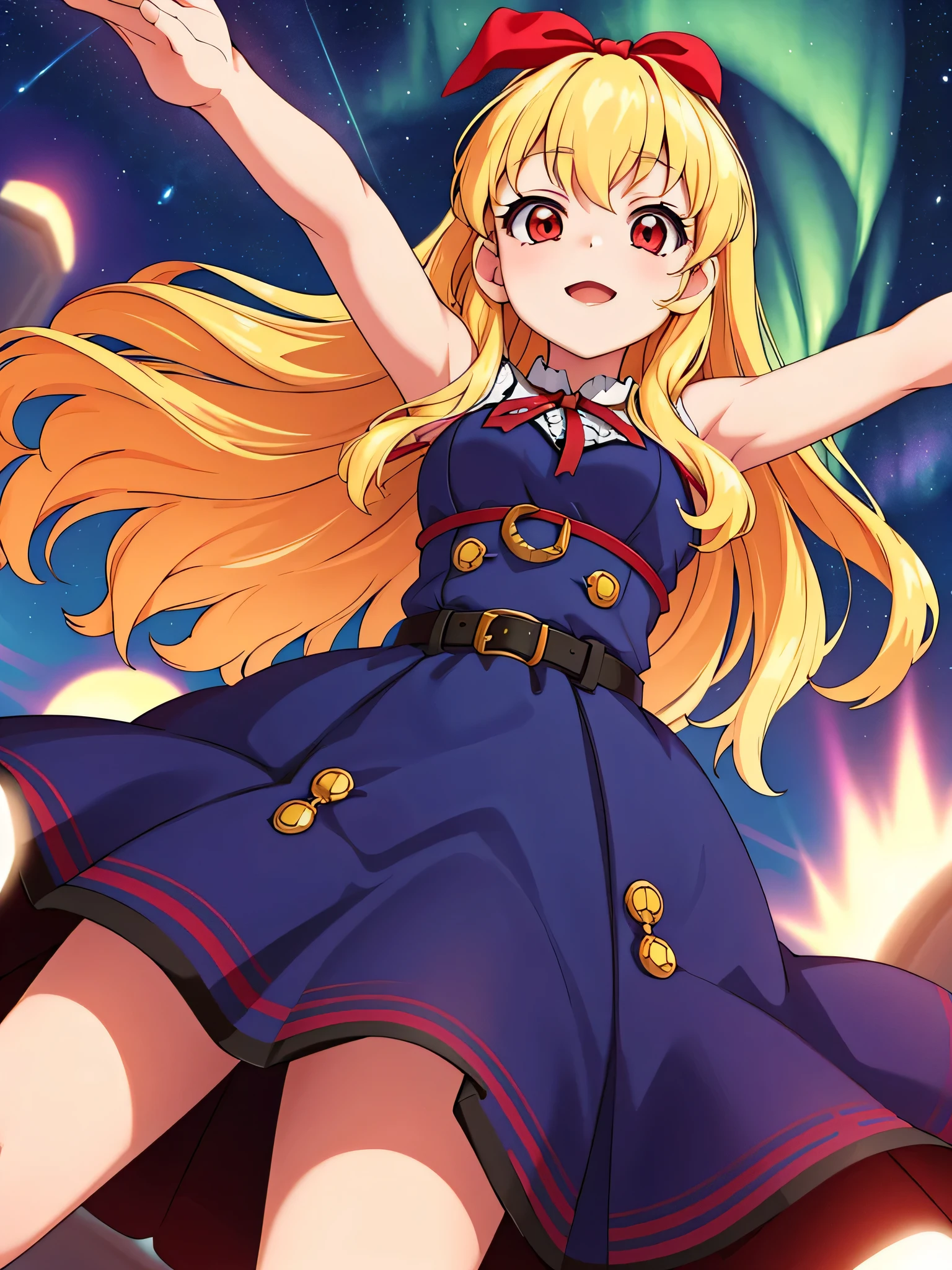 Masterpiece,ultimate,A girl wearing a dress with an aurora pattern, red ribbon on her head, blonde, cute, aurora in the sky, night, the end of the world, looking up at the sky,(from below)