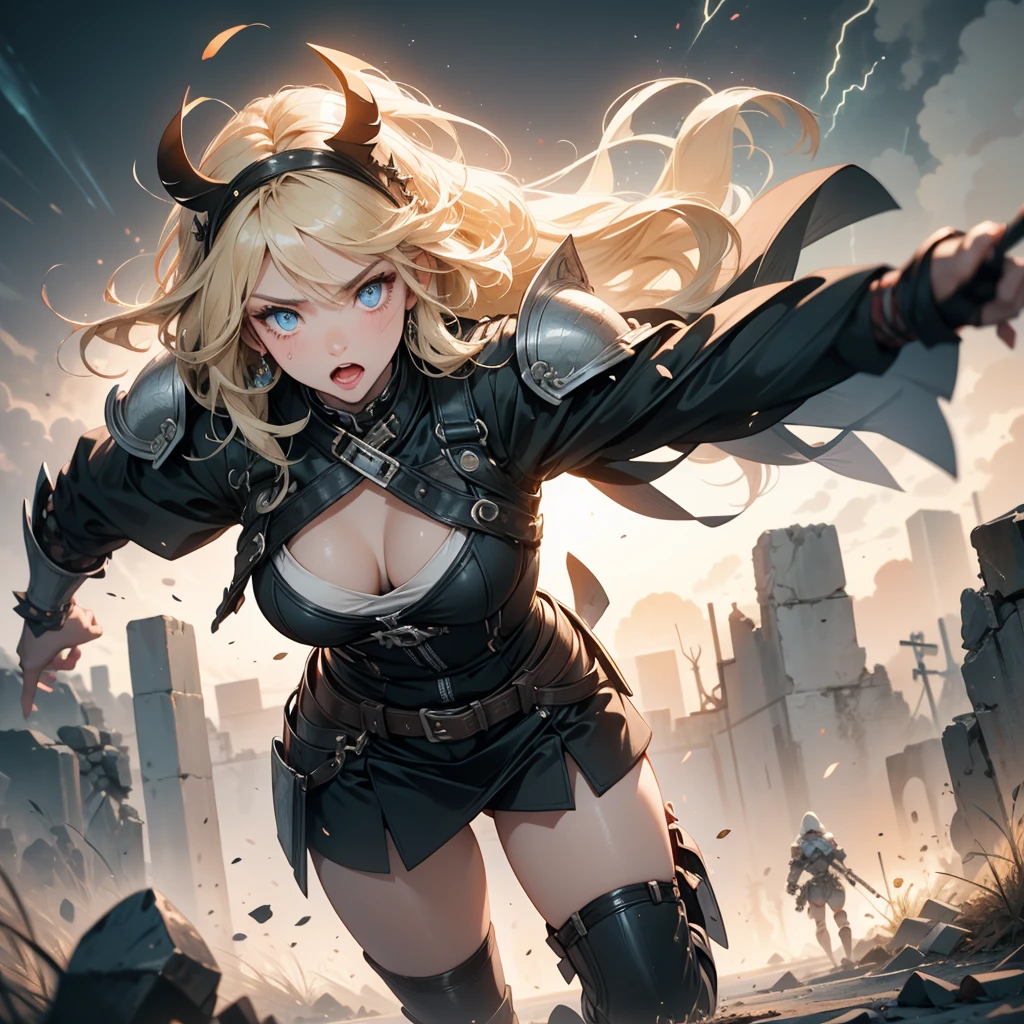 A striking artwork of a fierce female warrior standing on a rugged battlefield. The full-body view showcases her in rugged, functional black and grey armor, exuding an aura of formidable power and indomitable will. Her short, spiky blonde hair frames a face of fierce beauty, highlighted by steely blue eyes that radiate intense focus and relentless determination. She holds a battle axe, heavily adorned and glowing with brutal strength, adding to her intimidating presence. The scenery around her is a war-torn battlefield with smoldering ruins and a stormy sky. The flashes of lightning and the sound of distant thunder enhance the atmosphere of relentless combat, creating a scene of raw power.
