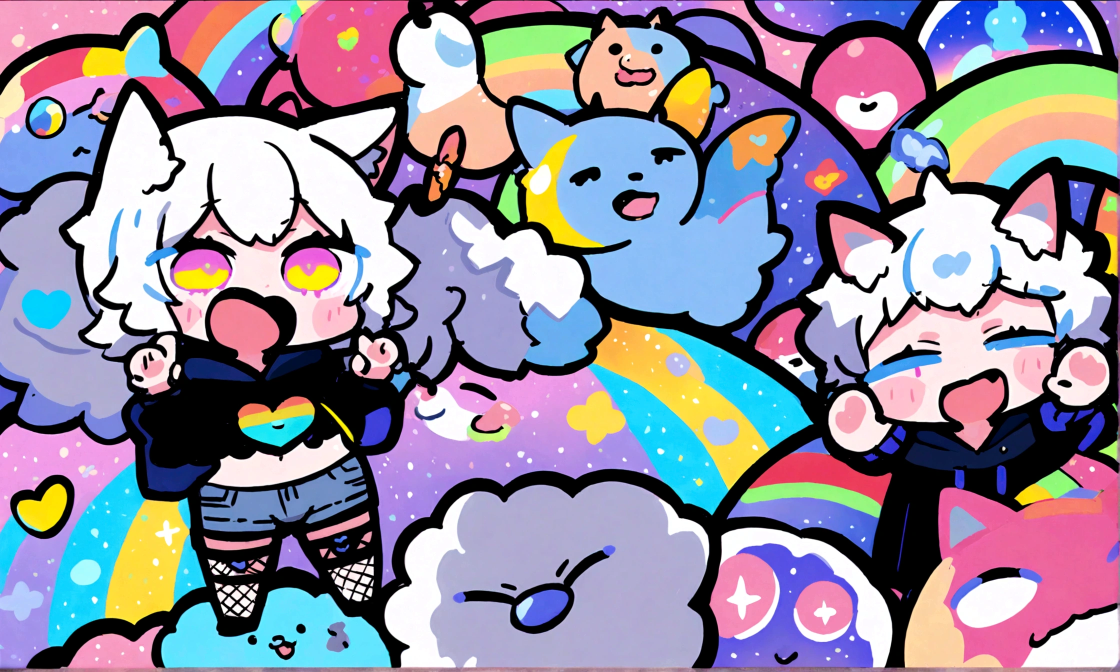 a cute chibi style adult male with wolf ears, white hair, has a wolf tail, wearing a loose cropped oversized black hoodie, wearing a pair of denim short shorts and fishnet stockings, thick thighs, wide hips, dancing on mound of fluffy multi colored kawaii plushies, short, very slim, showing slender tummy, heart on hoodie, squishy thighs, has glowing blue eyes. alone, solo (ALONE)(SOLO), surrounded by rainbows, colorful galaxy backround, big happy open mouthed smile on his face