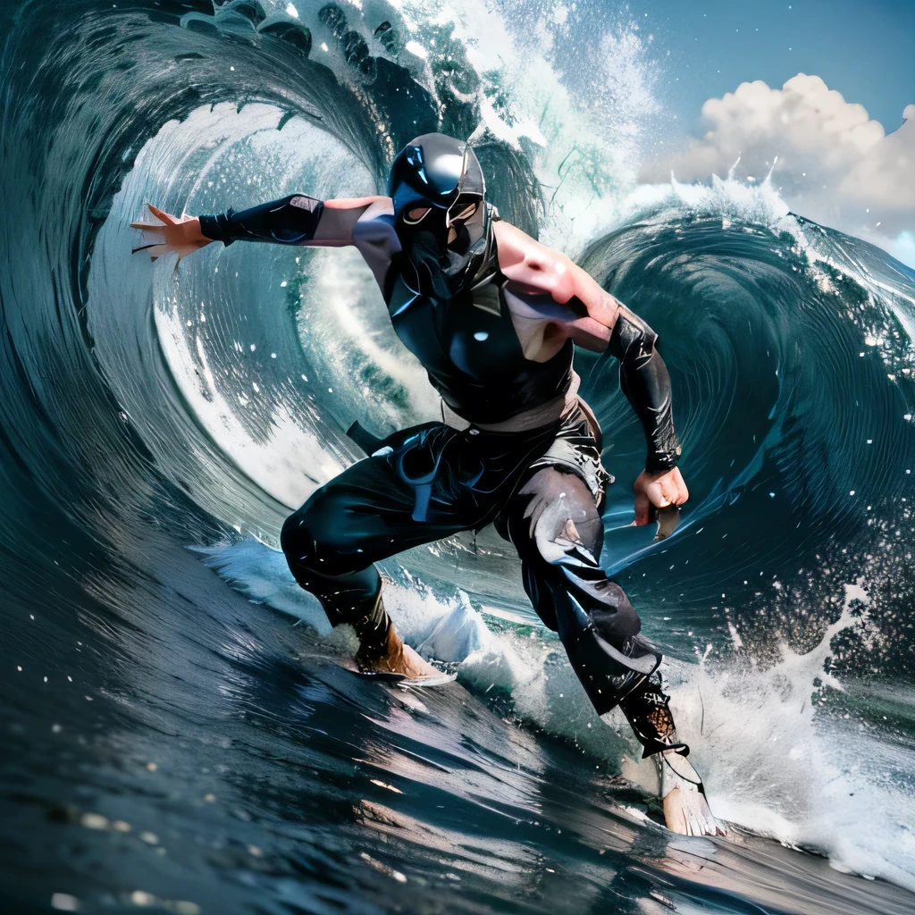 raw photo , 8K, ultra detailed, (realistic:1.2), (1man, japanese ninja:1.2),(masked:1.3), 30yo,(dynamic, full body),(wave:1.3)