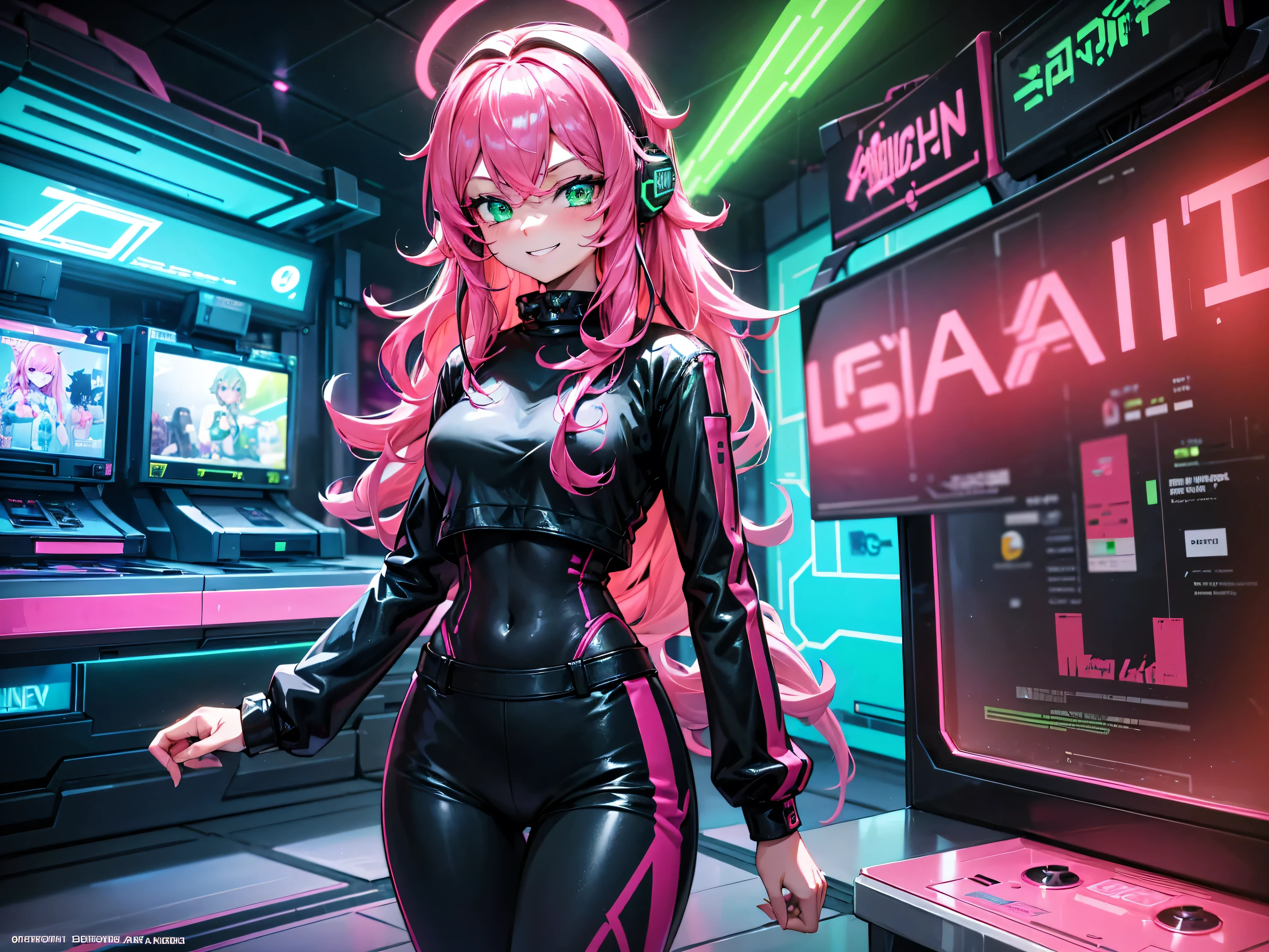 masterpiece:1.4, 1girl ((20year old, dressed in long sleeve shirt, tight black shorts, sneakers, medium breasts, multicolor pink hair, curly long hair, perfect model body, green eyes:1.4, Wearing headphones, looking up, happy, smiling, flirting, inside an arcade, neon lighting and colorful, futuristic club, futuristic and exciting atmosphere)) ((solo))
