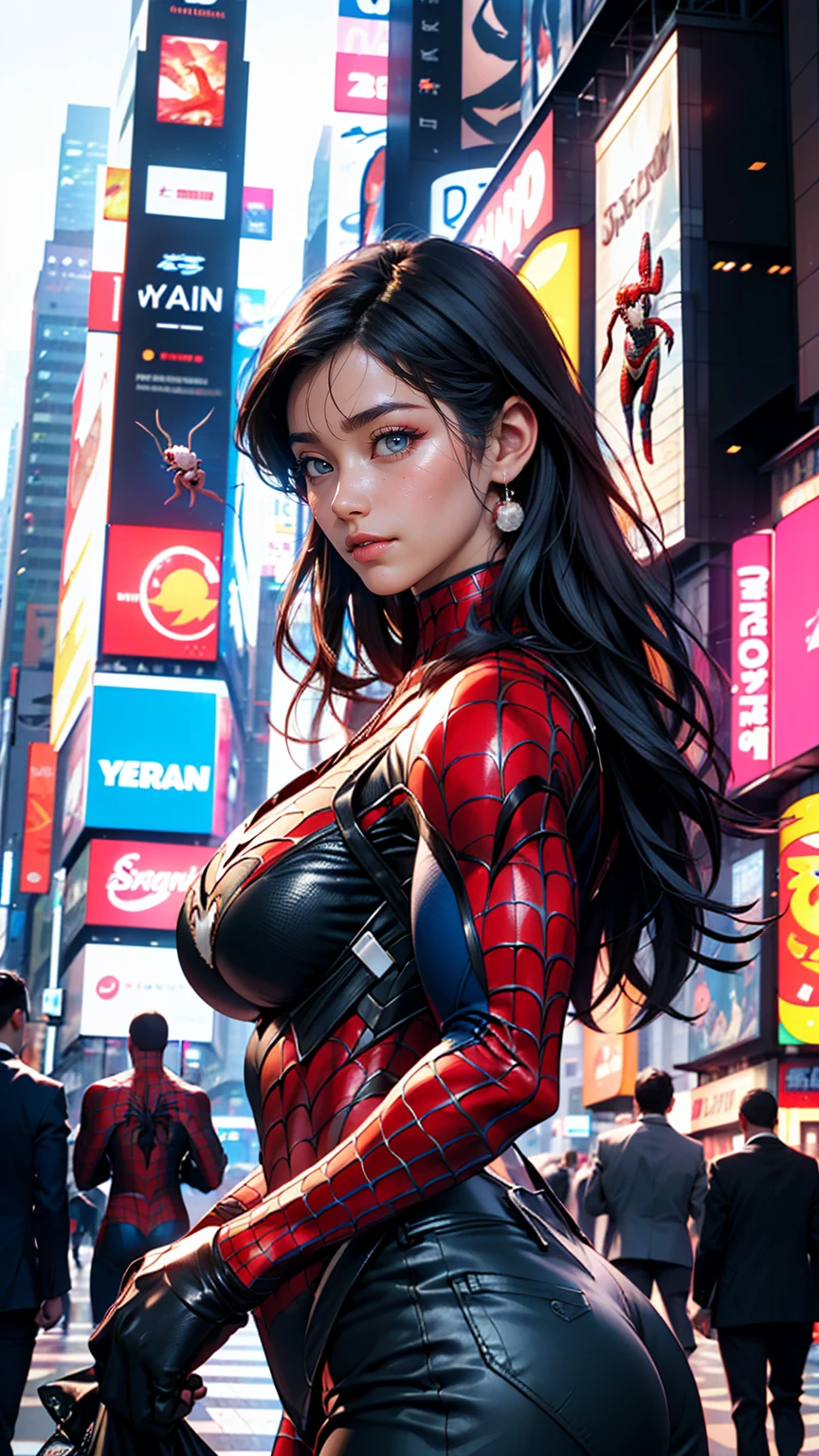 (8K, RAW photos, best quality, masterpiece:1.2), (realistic, photo-realistic:1.5)、(1 woman), (26 year old Japanese woman)、hair is gray、Eye color is dark blue、high definition face, (rich wavy long hair)、(((Spider-Man Suit))), My chest sticks out、huge breasts, Sagging breasts due to gravity, (sunny weather), (A thin waist), looking at the camera. New York Times Square city background, Blur the background, slim body, clean skin, (full body:0.7)