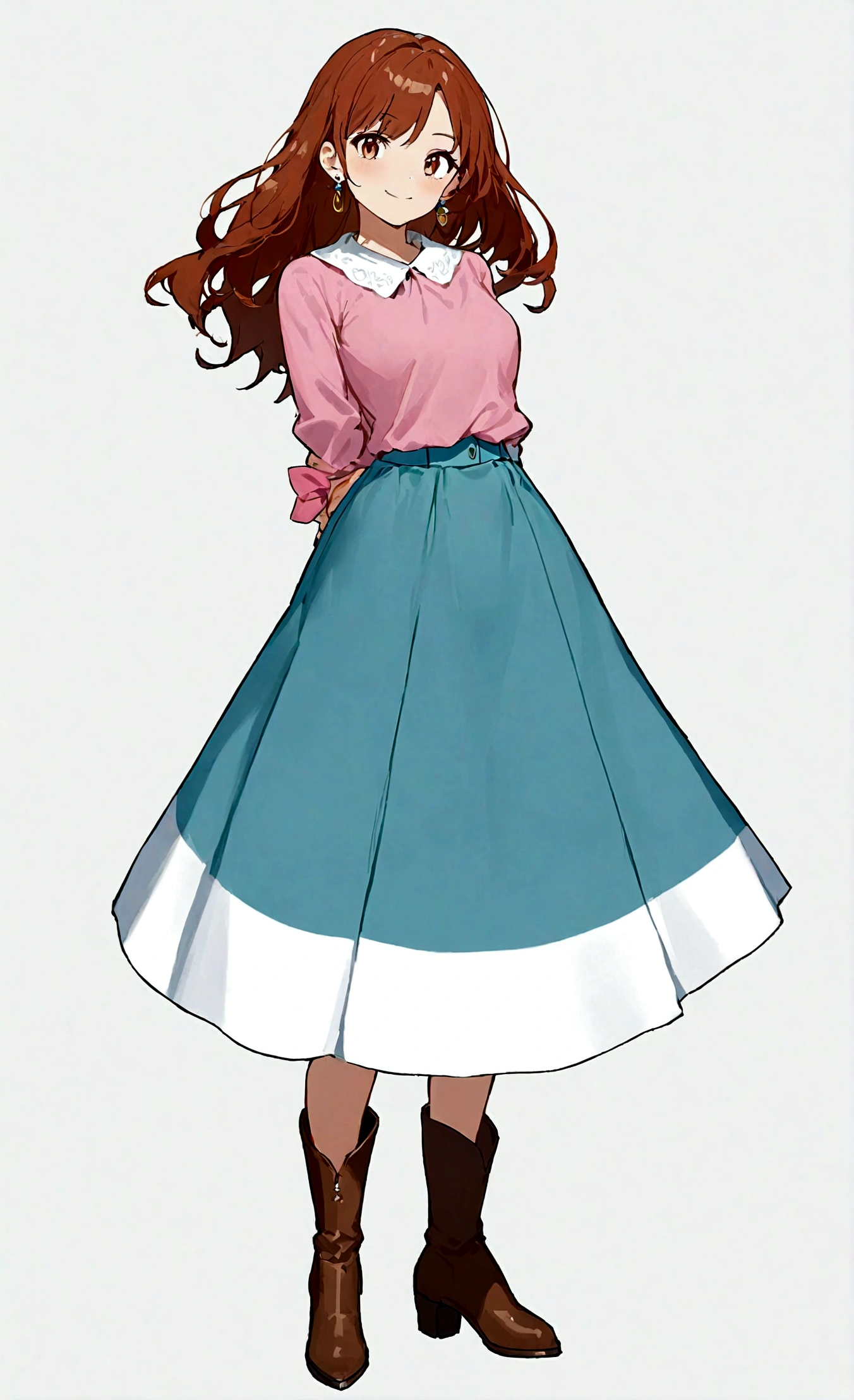 1girl, solo, long hair, breasts, looking at viewer, smile, skirt, simple background, brown hair, shirt, long sleeves, white background, jewelry, standing, full body, earrings, boots, blue skirt, brown footwear, arms behind back, pink shirt, long skirt
