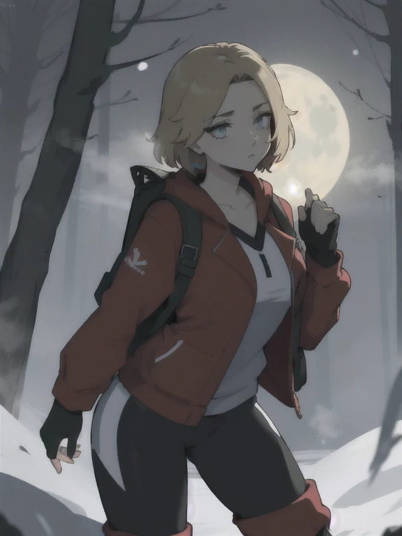 ((Best quality)), ((Masterpiece)), (detailed), (4K quality), (Detailed face:1.2), (Detailed eyes:1.2), (Perfect figure:1.2), 1girl, UDSam, solo, short hair, blonde hair, (Wearing: Red jacket, white leggings, fingerless gloves, snow boots and backpack), dark, gloomy dramatic, spooky lighting with lot of fog, foggy and snowing weather snowy, blizzard, in a forest, night time with huge white moon, upper body shot
