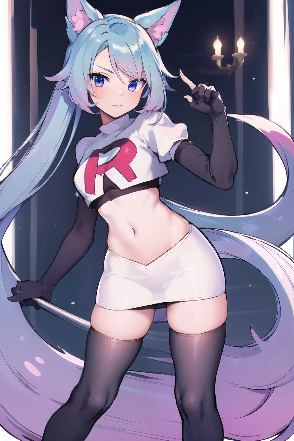 pixel-Silvervale 1girl, team rocket,team rocket uniform,white skirt,red letter R,crop top,black thigh-highs,black elbow gloves, masterpiece, best quality