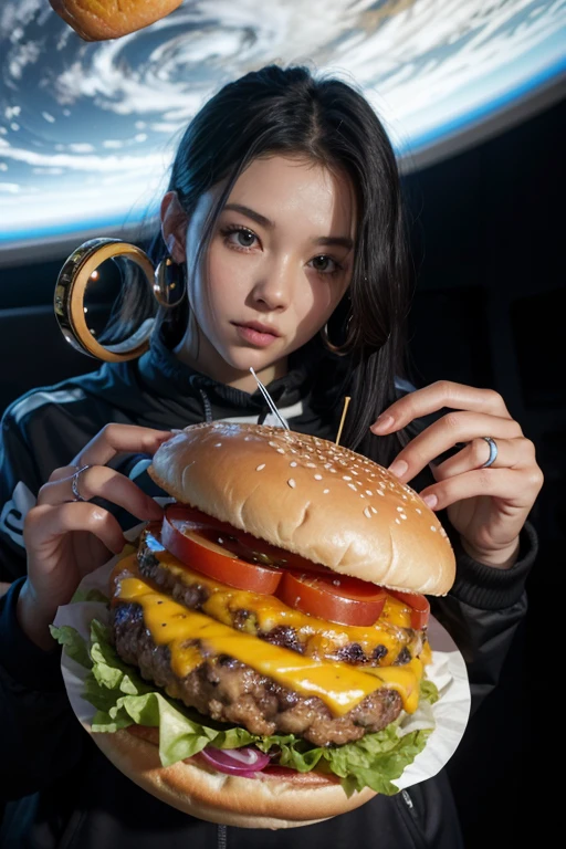 cheeseburger with planet rings wandering in space
