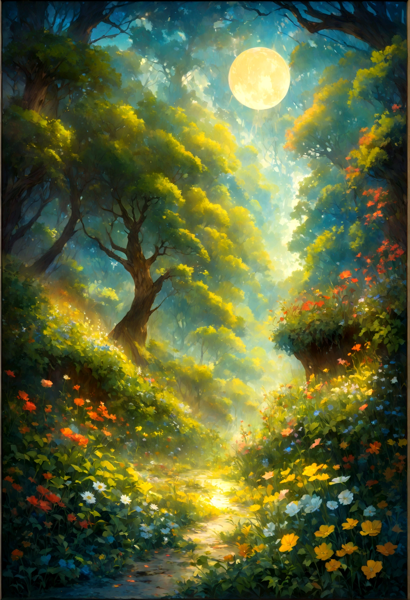 Imagine an epic scene at the beginning of the creation of the world, When vegetation emerges from the newly formed soil. Painting or visual representation of how plants, Trees and flowers sprout from the earth, Under the soft light of a newborn sun. Use vibrant colors and realistic details to capture the beauty of this unique moment in Earth's history.