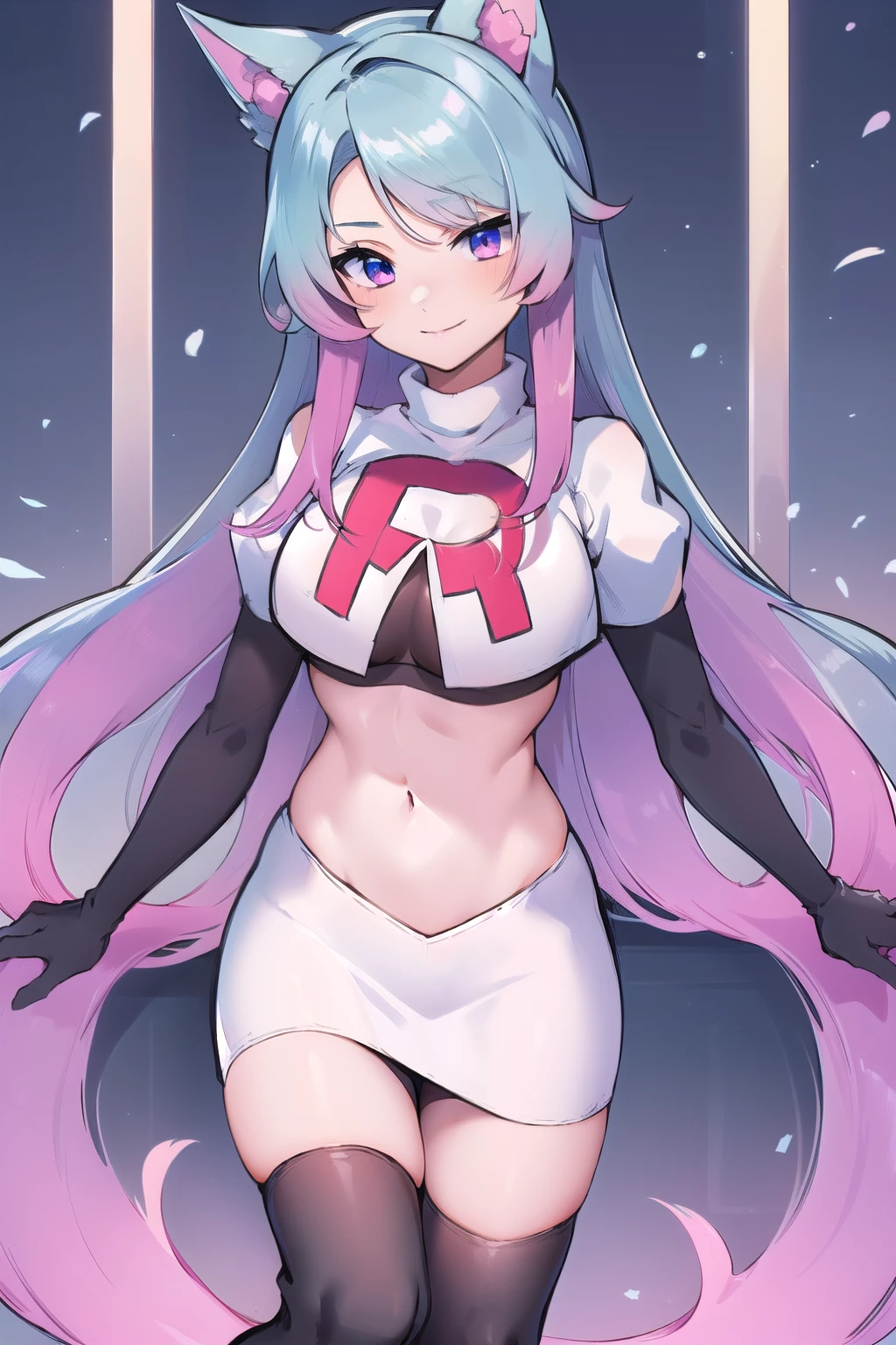 pixel-Silvervale 1girl, team rocket,team rocket uniform,white skirt,red letter R,crop top,black thigh-highs,black elbow gloves, masterpiece, best quality