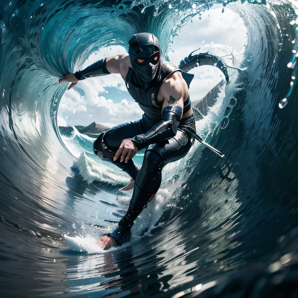 raw photo , 8K, ultra detailed, (realistic:1.2), (1man, japanese ninja:1.2),(masked:1.3), 30yo,(dynamic, full body),(wave:1.4)