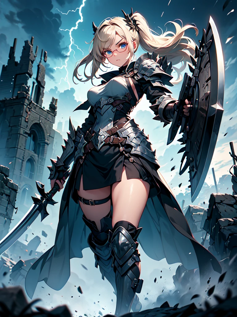 A striking artwork of a fierce female warrior standing on a rugged battlefield. The full-body view showcases her in rugged, functional black and grey armor, exuding an aura of formidable power and indomitable will. Her short, spiky blonde hair frames a face of fierce beauty, highlighted by steely blue eyes that radiate intense focus and relentless determination. She holds a battle axe, heavily adorned and glowing with brutal strength, adding to her intimidating presence. The scenery around her is a war-torn battlefield with smoldering ruins and a stormy sky. The flashes of lightning and the sound of distant thunder enhance the atmosphere of relentless combat, creating a scene of raw power.