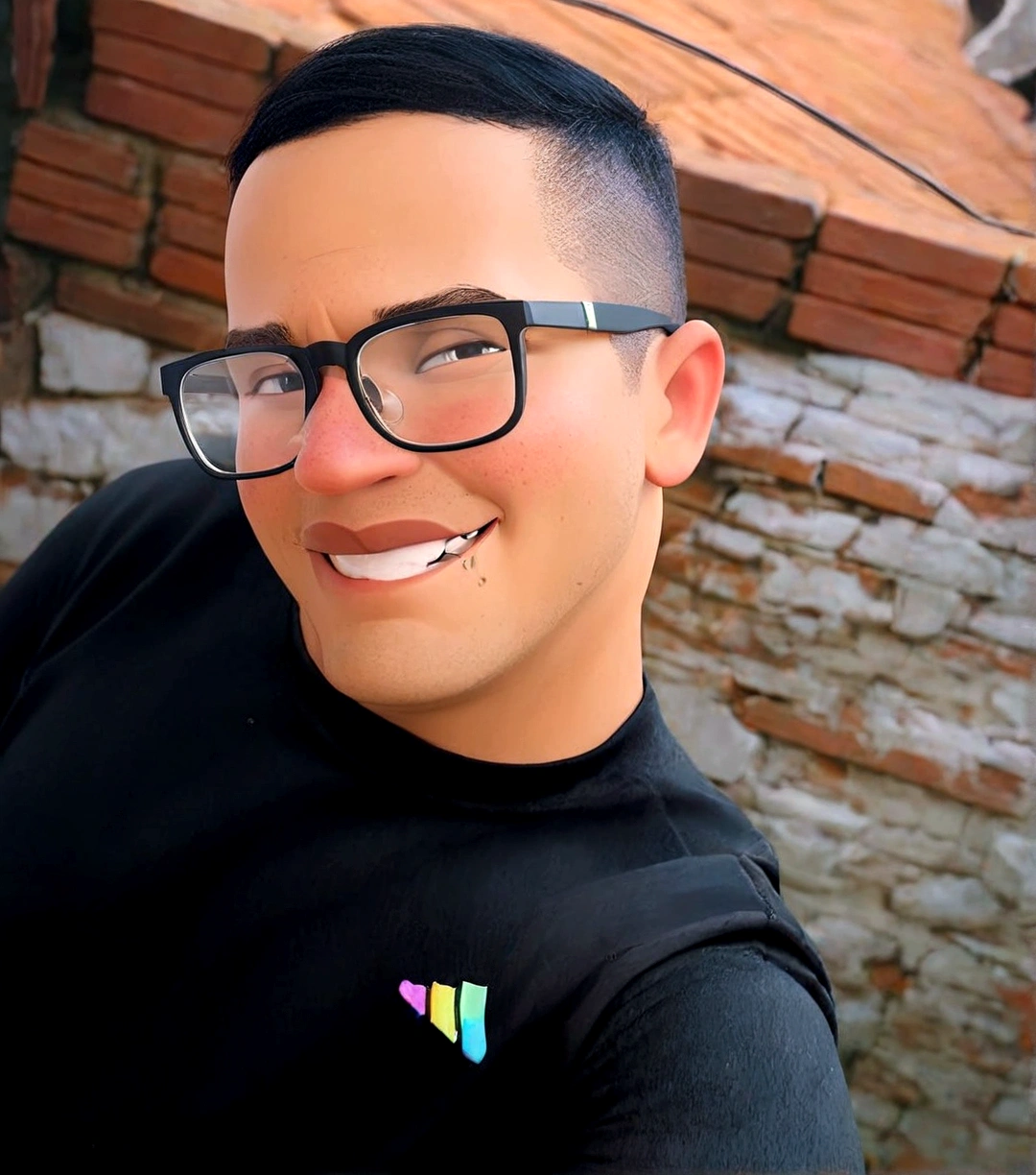 create a smiling man with glasses, wearing a black shirt, with a wall in the background as if he were a Disney and Pixar character