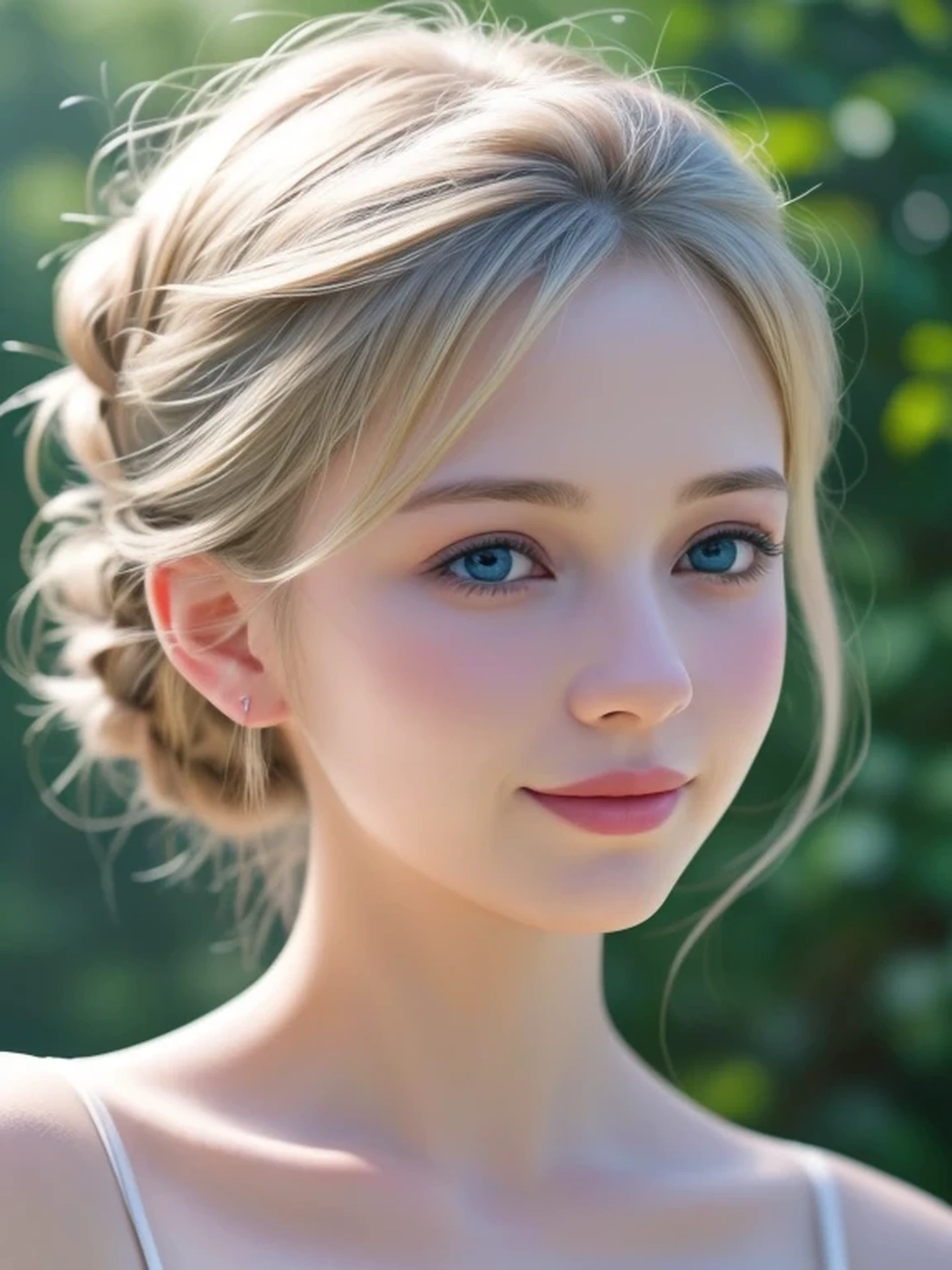 (looking away:1.4), Realistic digital painting of a woman portrait, Shy,  Cute Smile, blue eyes, half updo, (Soft Blonde Hair:1.3), (Highly detailed skin:1.2), Mystical style, Global Illumination,