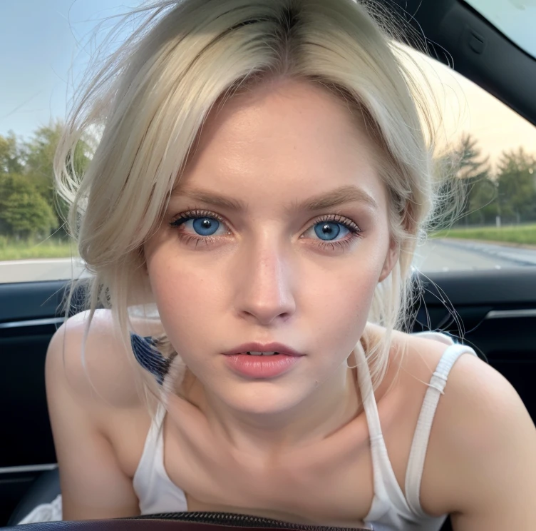 Beautiful girl, blue eyes, white hair, detailed facial traits, vaginal sex, POV cowgirl position, sex in a car