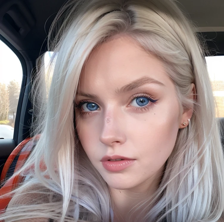 Beautiful girl, blue eyes, white hair, detailed facial traits, vaginal sex, POV cowgirl position, ??? in a car