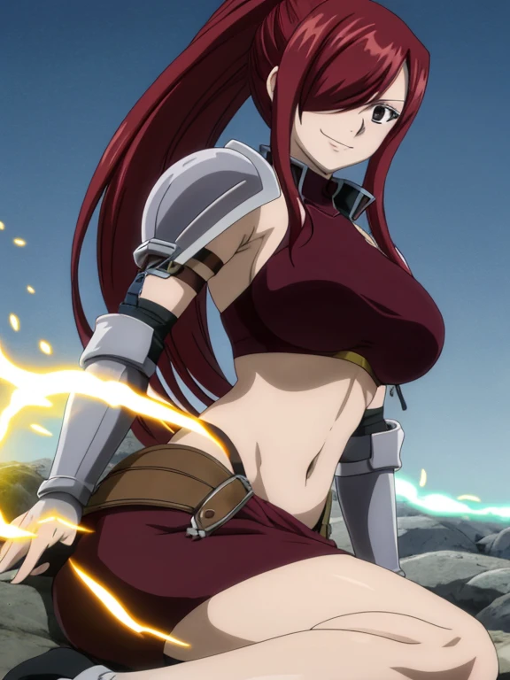 masterpiece, best quality, highres, anime style, anime official art,fairy tail, 1girl, long hair, red hair, ponytail, hair over one eye, brown eyes, seductive smile, large breasts, wearing full armor