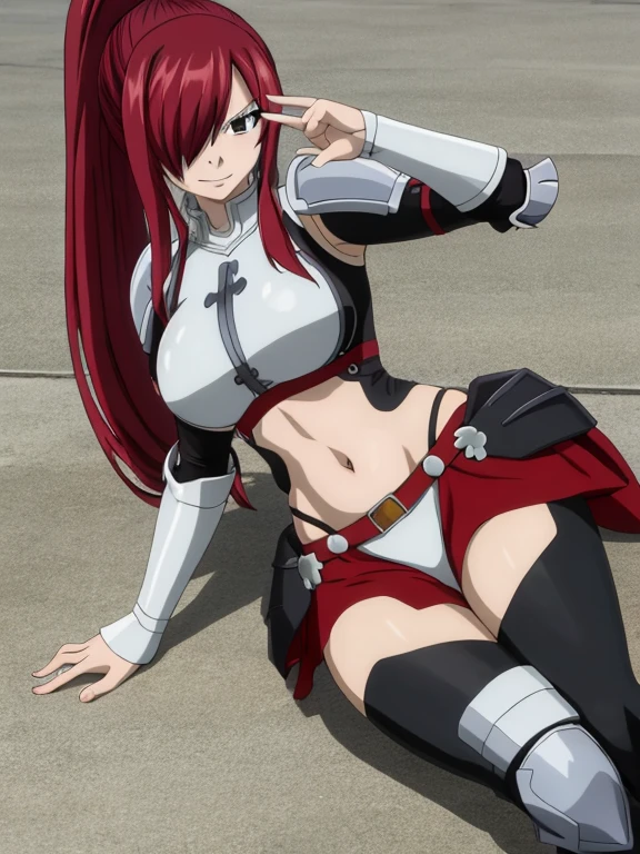 masterpiece, best quality, highres, anime style, anime official art,fairy tail, 1girl, long hair, red hair, ponytail, hair over one eye, brown eyes, seductive smile, large breasts, wearing full armor