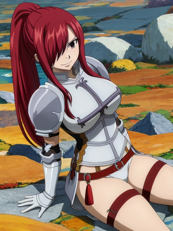 masterpiece, best quality, highres, anime style, anime official art,fairy tail, 1girl, long hair, red hair, ponytail, hair over one eye, brown eyes, seductive smile, large breasts, wearing full armor