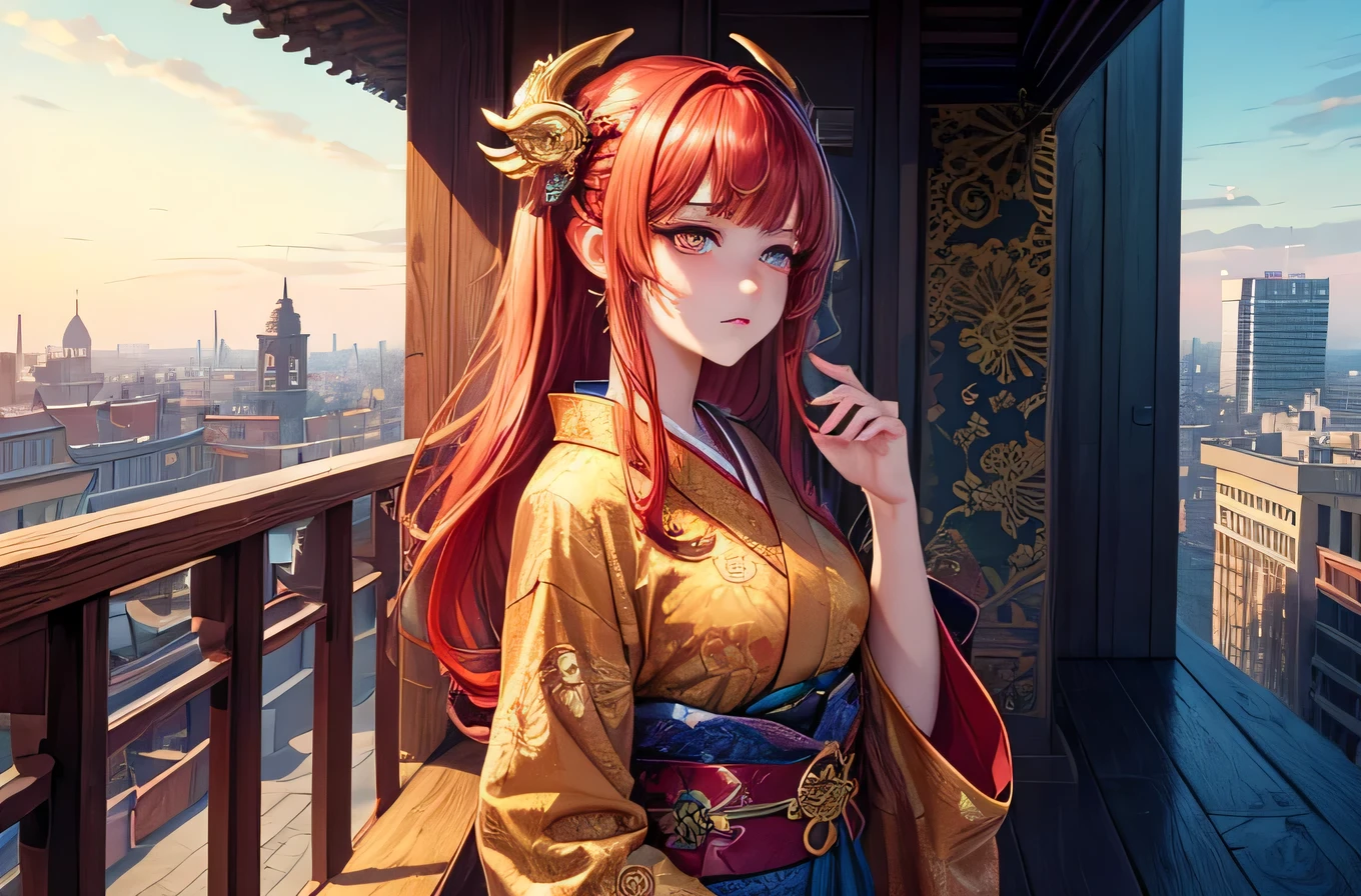 (masterpiece, top quality, best quality, official art, beautiful and aesthetic:1.2), (1girl:1.3), extremely detailed,(fractal art:1.2),colorful, highest detailed, parted lips,wallpaper, red hair, (gold eyes), horn, bangs, (sad, sadness expression, sadness face), kimono, (cowboy shot), in rooftop school, looking out