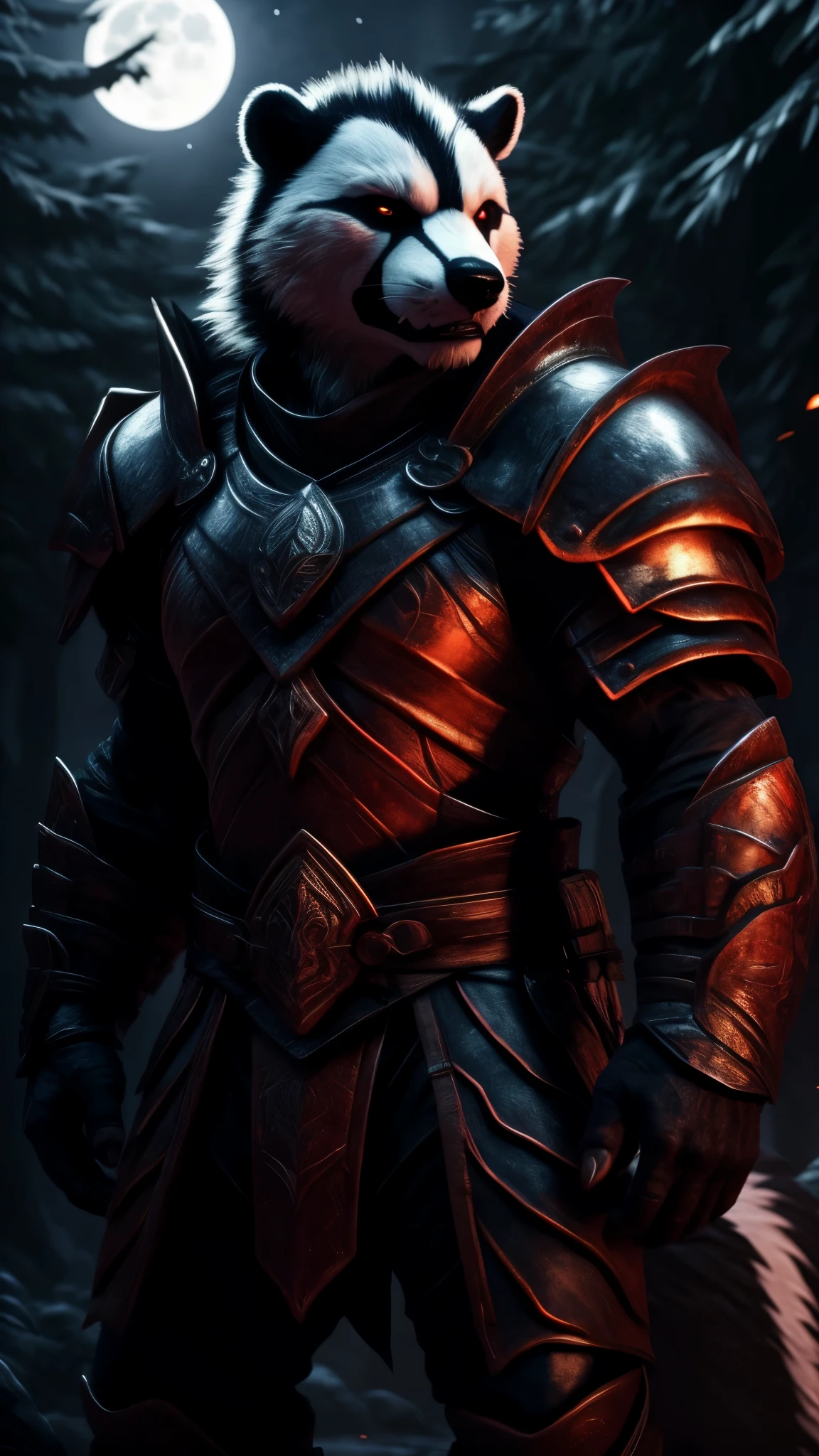 a serious expression soulless eyes,a warrior skunk,blood knight armor,fantasy digital art,a night forest,a full moon,detailed face,extremely detailed,cinematic lighting,dramatic shadows,vibrant colors,highly detailed,photorealistic,8k,masterpiece