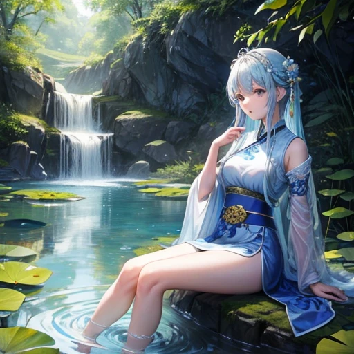 There is a blue dress, 16 long legs, Woman sitting on a rock in the water, Standing gracefully on a lotus flower, Heavenly Beauty, Wearing a blue Chinese dress, court, Girl in Hanfu, Wearing a blue Chinese dress, Summer is full of fairies, In the pond, White Hanfu, A surprisingly young and mysterious person, loose fitting dress, Light blue, Hair behind the ear