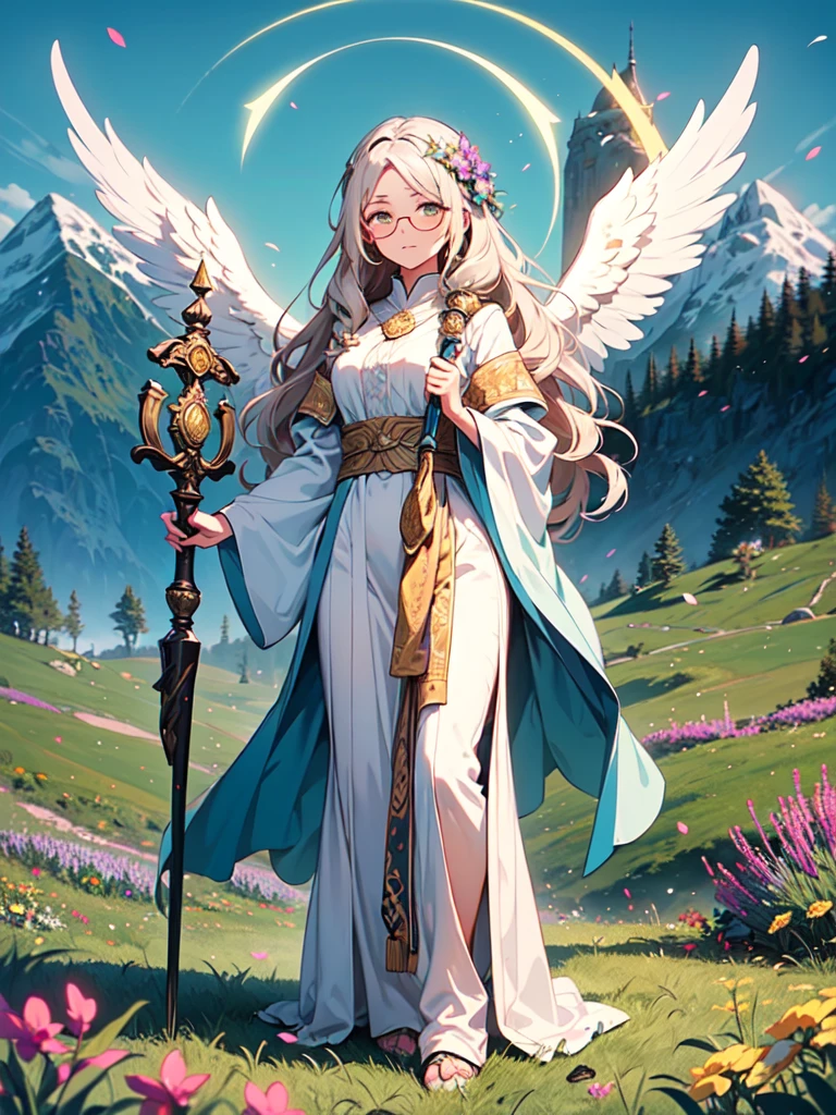 A radiant artwork of a benevolent female healer standing in a serene mountain meadow. The full-body view showcases her in soft, flowing white and lavender robes, exuding an aura of compassionate kindness and gentle grace. Her wavy, golden hair frames a face of angelic beauty, highlighted by warm amber eyes that radiate healing light and soothing calm. She holds a staff, delicately adorned and glowing with nurturing energy, adding to her serene presence. The scenery around her is a peaceful mountain meadow with wildflowers and a clear blue sky. The gentle breeze rustling through the grass and the sound of birdsong enhance the atmosphere of tranquil harmony, creating a scene of peaceful solace.
