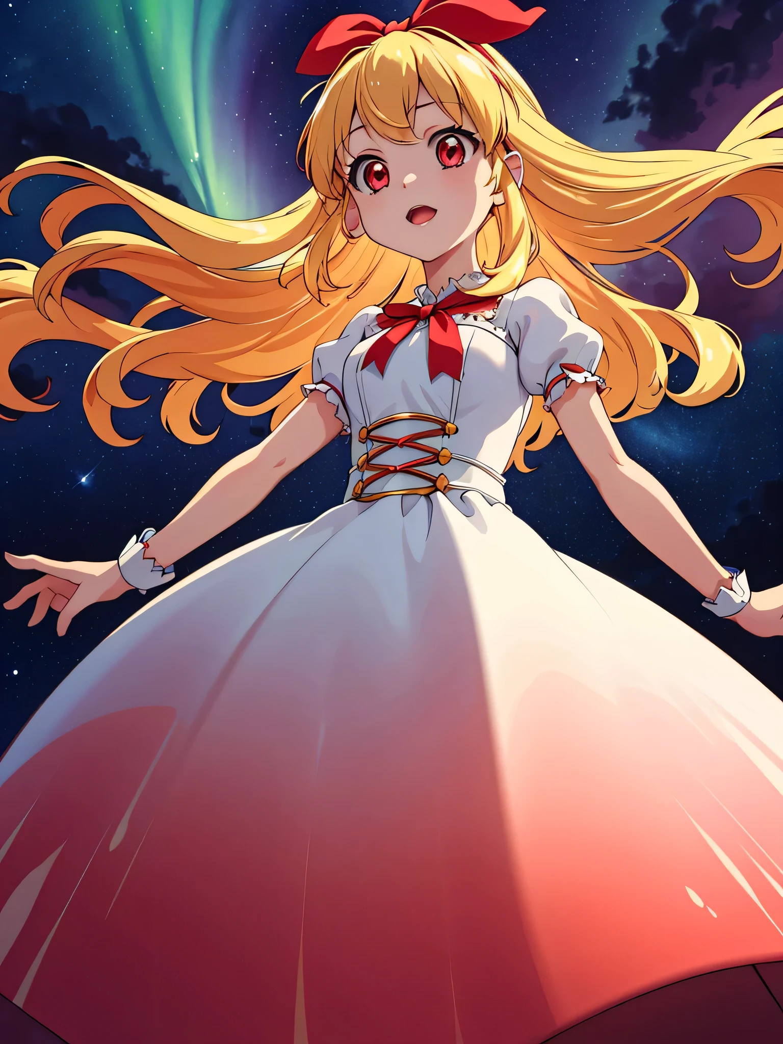 Masterpiece,ultimate,A girl wearing a dress with an aurora pattern, red ribbon on her head, blonde, cute, aurora in the sky, night, the end of the world, looking up at the sky,(from below)