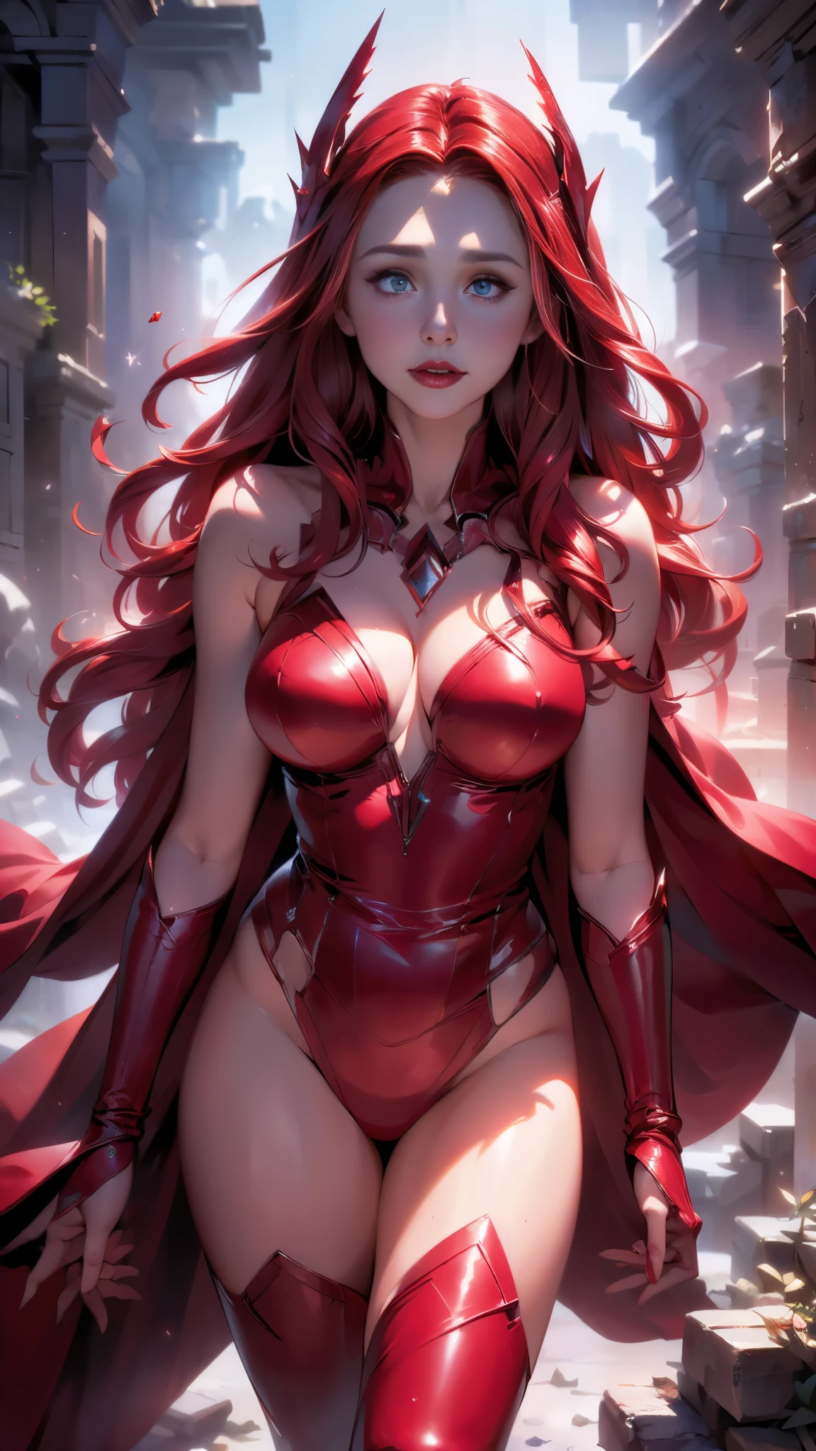 best quality,ultra-detailed,realistic,(sexy scarlet witch) ,beautiful detailed eyes, beautiful detailed lips,( long red hair:1.4) , (witch costume:1.4) , glowing magical powers, intense gaze, confident posture, dark and mysterious background, vibrant colors, enchanting art style, dramatic lighting, ,(Fondo de ruinas de mazmorra en ruinas cyberpunk :1.4 ),( Scarlet Witch:1.4), (perfect anatomy :1.4),( cinematic lighting :1.4), score_9, score_8_up, score_7_up, score_6_up, rating_explicit, 1girl, ((18YO:1.2)), Adult, full lips, big clear eyes, light blue eyes, (( hair:1)), (long wavy hair: 1.2),(Elizabeth Olsen:1.4), (Elizabeth Olsen V2.1), (face detailed :1.4), ,(Fondo de ruinas de mazmorra en ruinas piedras grandes :1.4 ), (estilo encaje lingerie red:1.4),( perfect anatomy V2.1), (dynamic cowboy pose), (looking at viewer:1.25)