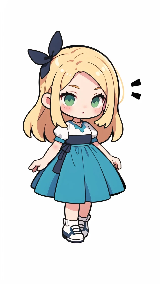 simple chibi style drawing of a beautiful girl, wearing a blue dress and white shoes, blonde hair and green eyes, perfect hands
