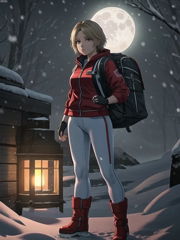 ((Best quality)), ((Masterpiece)), (detailed), (4K quality), (Detailed face:1.2), (Detailed eyes:1.2), (Perfect figure:1.2), 1girl, UDSam, solo, short hair, blonde hair, (Wearing: Red jacket, white leggings, fingerless gloves, snow boots and backpack), dark, gloomy dramatic, spooky lighting with lot of fog, foggy and snowing weather snowy, blizzard, in a forest, night time with huge white moon, upper body shot
