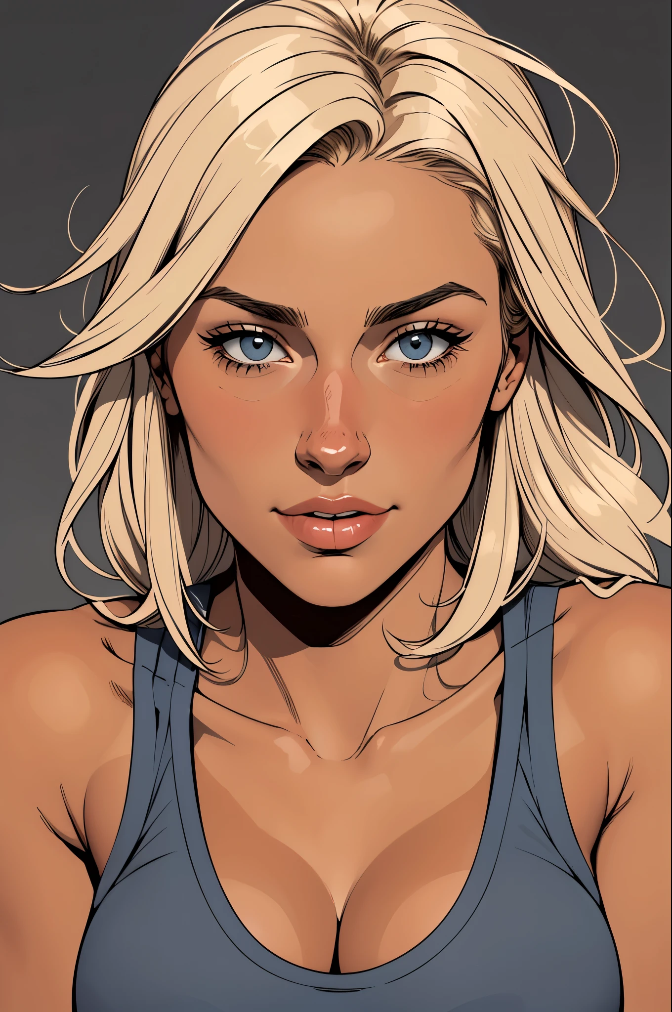 Flat colors, close up, portrait of a 25 year old surfer looking girl, tan skin, beach blonde salty hair, natural beaty, beautiful, casual, grey tank top, Cleavage simply dark grey background