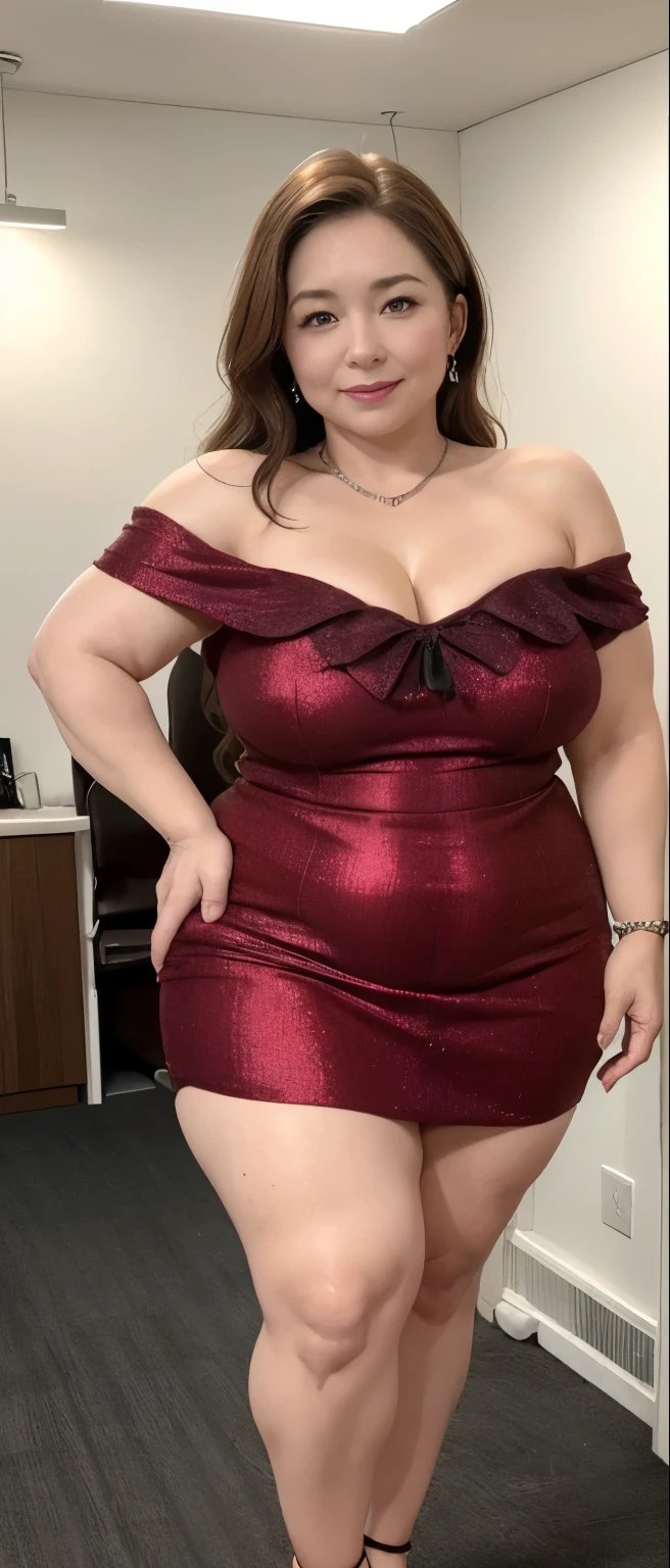 Smiling Japan beauty wearing ladies suit,Full-body figure,tthin eyebrows,A dark-haired,Long straight hair,Bangs are bangs,Huge breasts,meaty legs,Sweaty