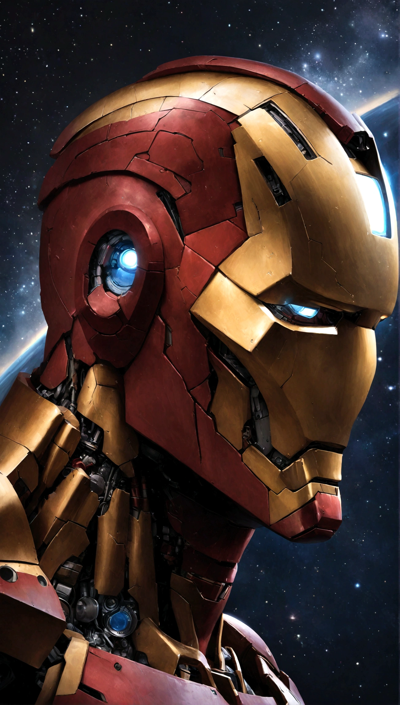 Iron Man, realistic, hyper-realistic, space, starry night