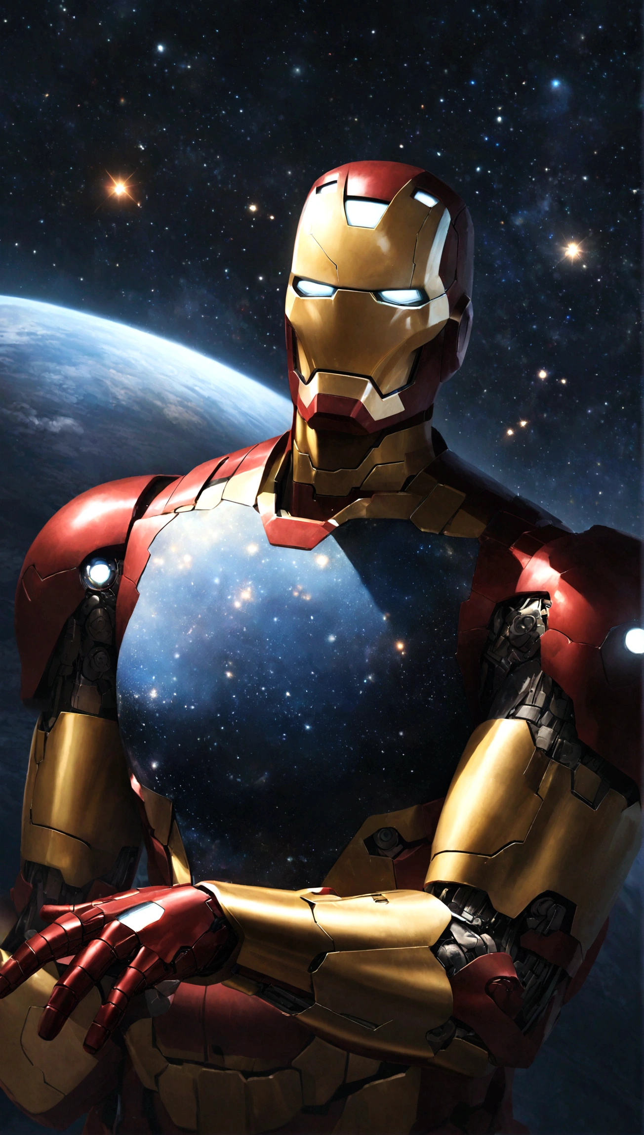 Iron Man, realistic, hyper-realistic, space, starry night