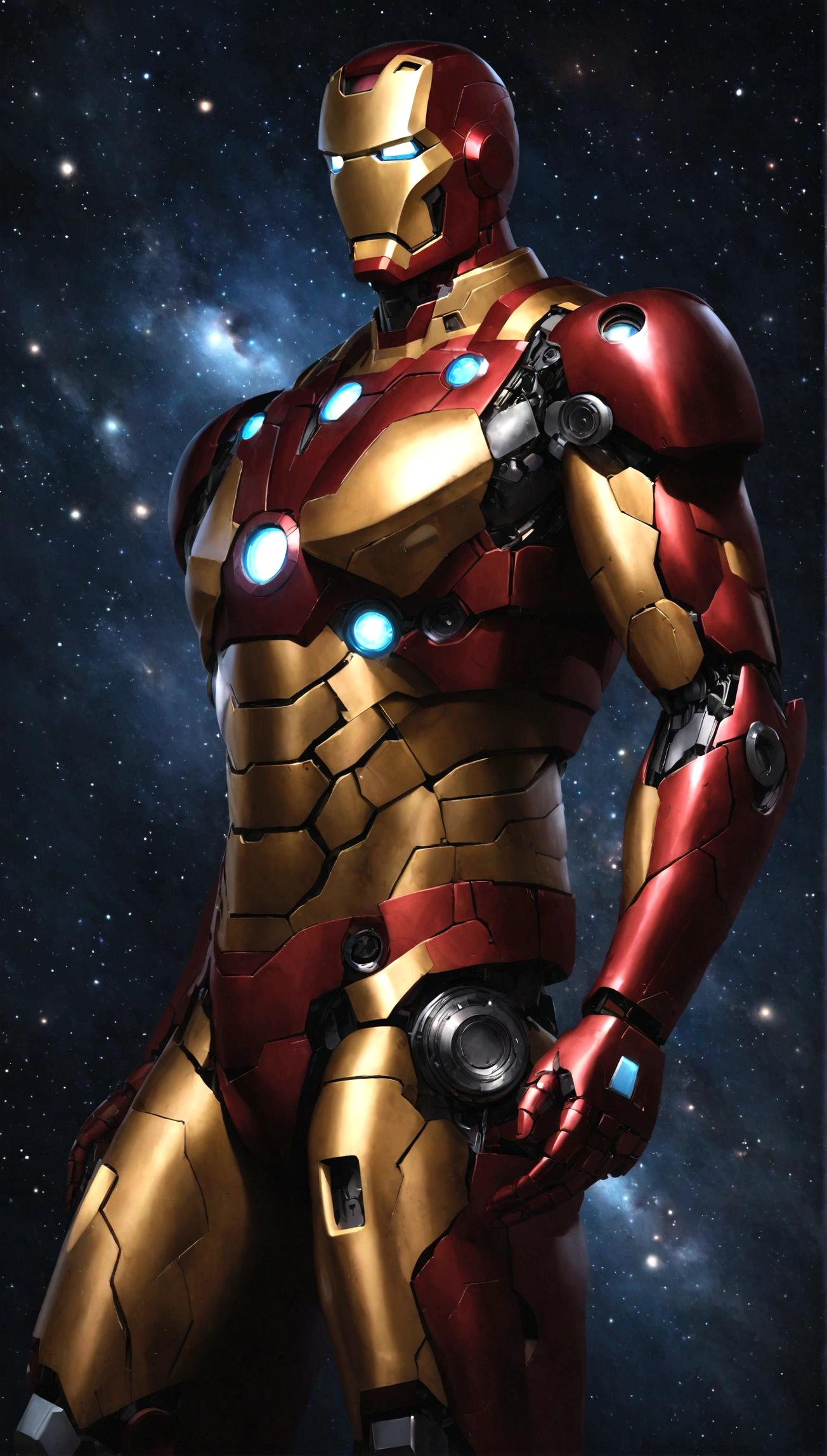 Iron Man, realistic, hyper-realistic, space, starry night