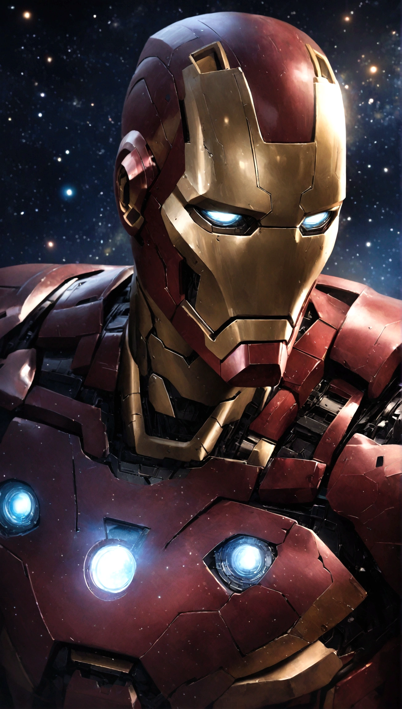 Iron Man, realistic, hyper-realistic, space, starry night