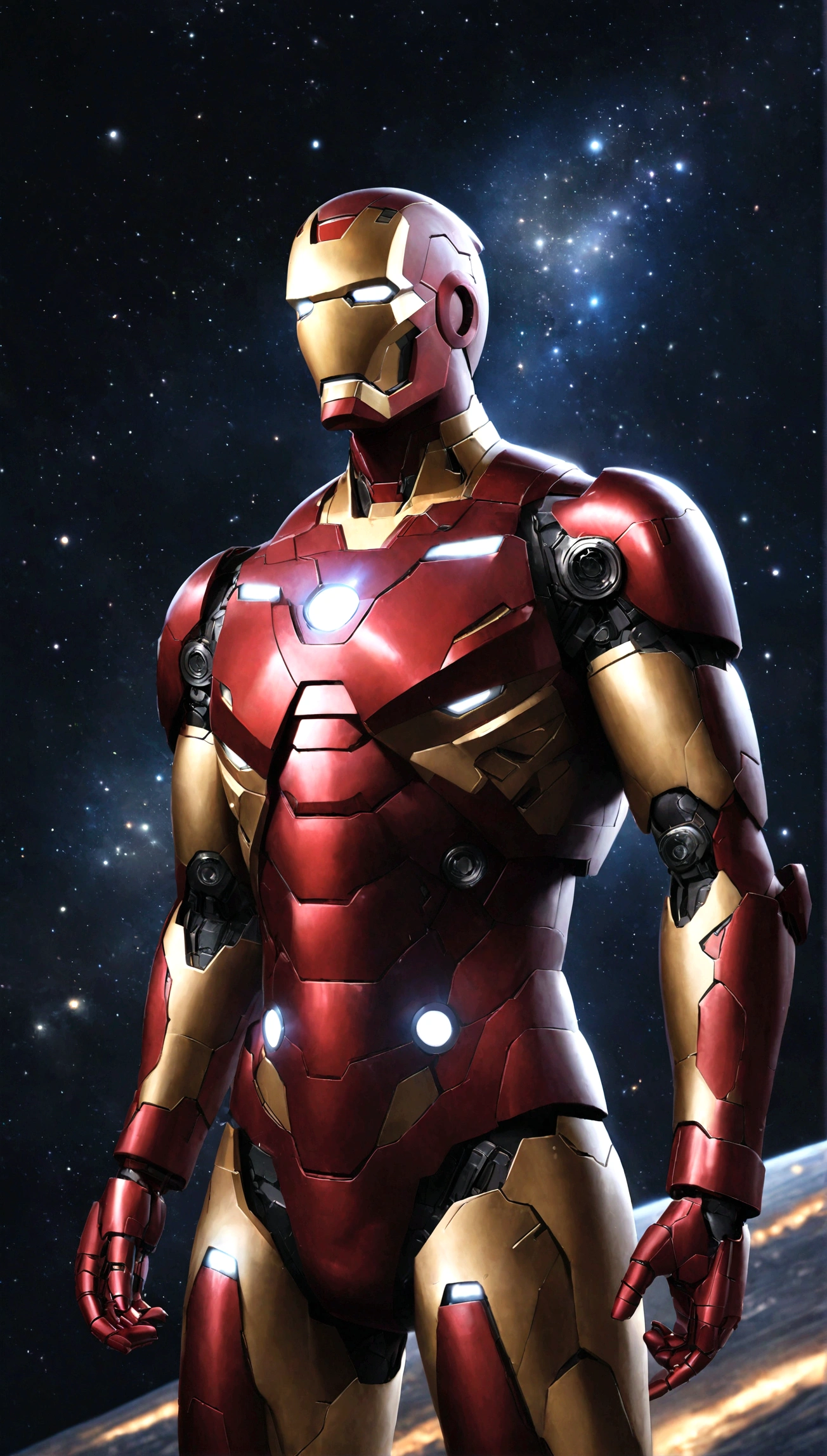 Iron Man, realistic, hyper-realistic, space, starry night