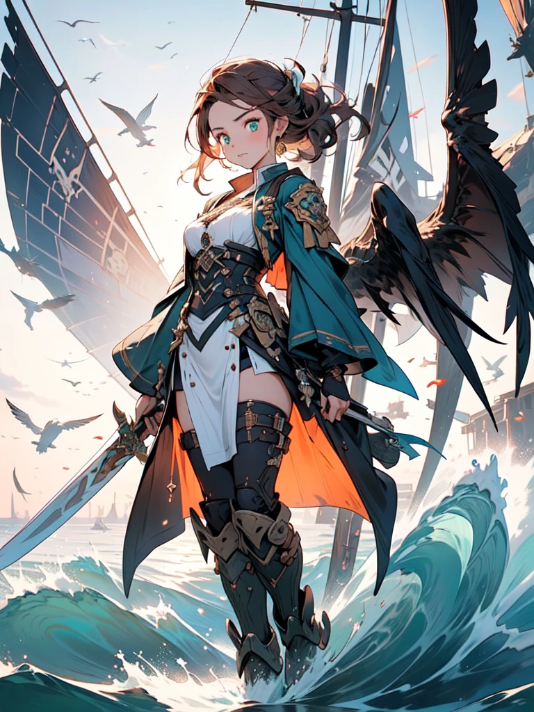 A captivating artwork of a fearless female pirate standing on the deck of a grand ship. The full-body view showcases her in rugged, stylish blue and brown attire, exuding an aura of adventurous spirit and daring courage. Her wild, curly auburn hair frames a face of striking beauty, highlighted by sharp green eyes that radiate determination and mischief. She holds a cutlass, ornately decorated and glowing with an aura of danger, adding to her formidable presence. The scenery around her is a vast ocean with a blazing sunset, casting golden hues on the waves. The sails billowing in the wind and seagulls circling above enhance the atmosphere of swashbuckling adventure, creating a scene of high-seas thrill.