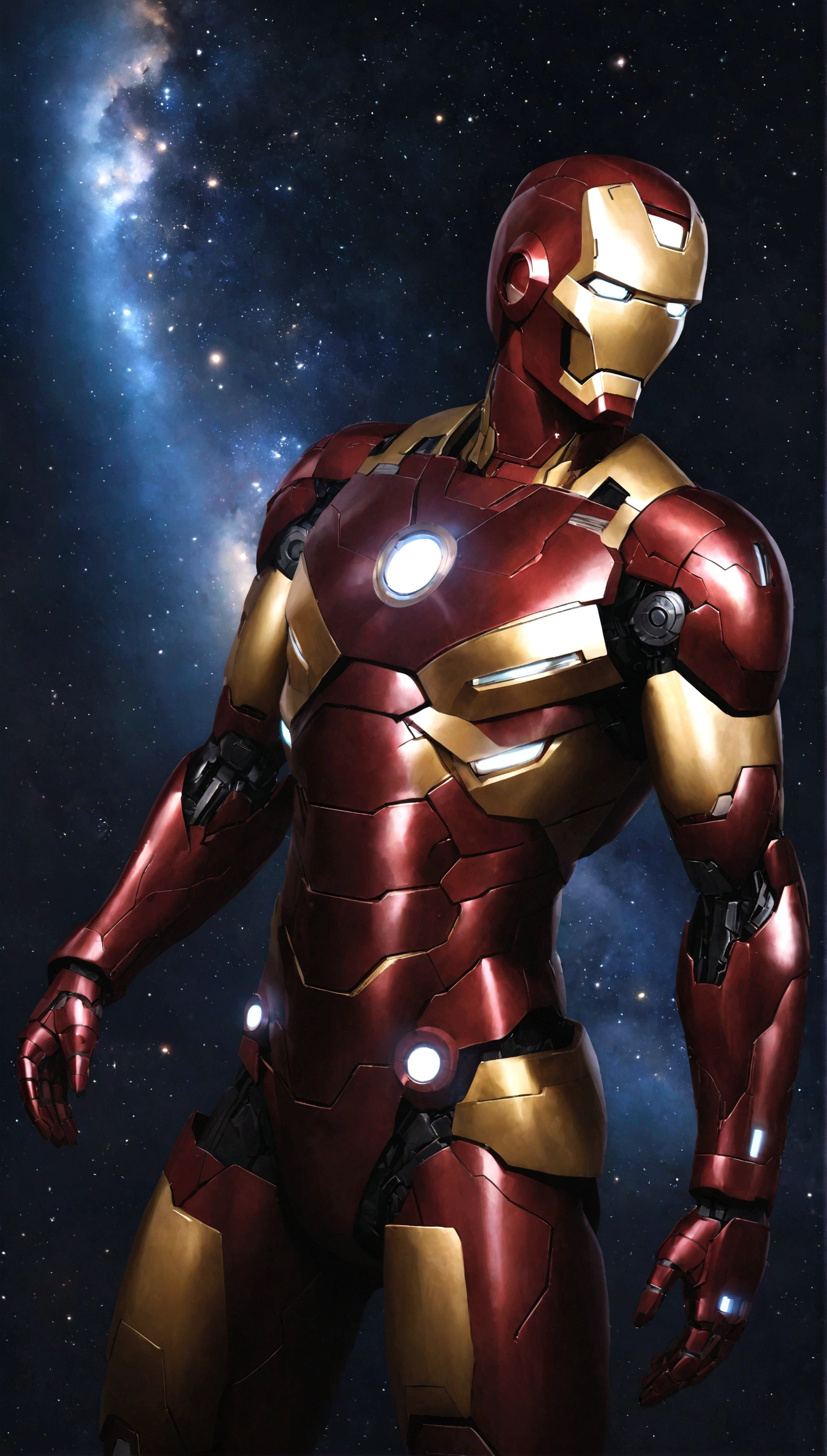 Iron Man, realistic, hyper-realistic, space, starry night