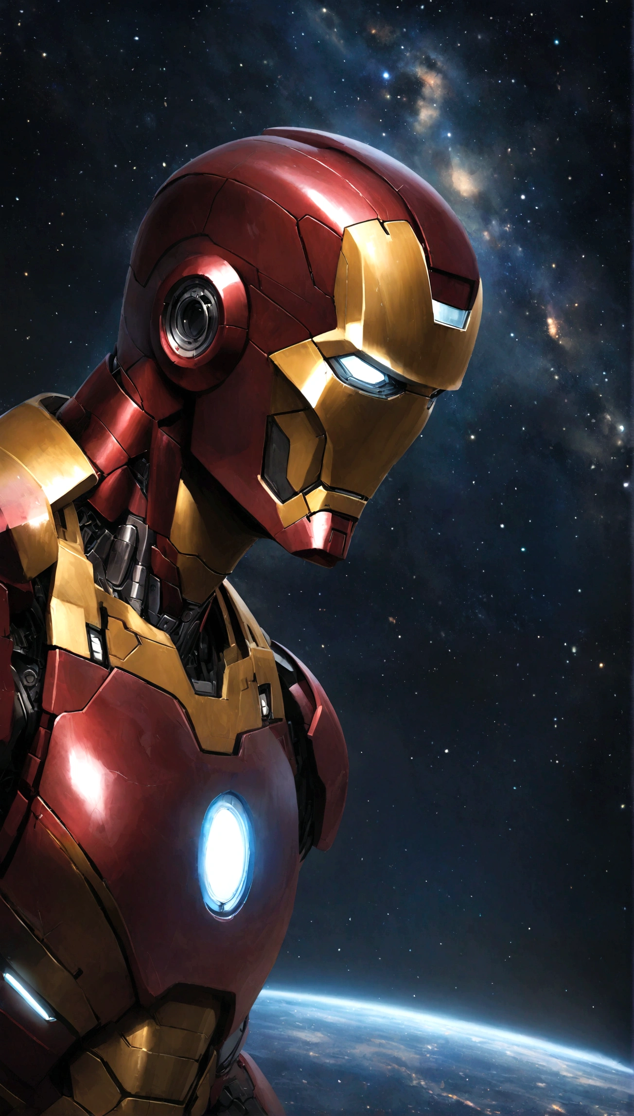 Iron Man, realistic, hyper-realistic, space, starry night
