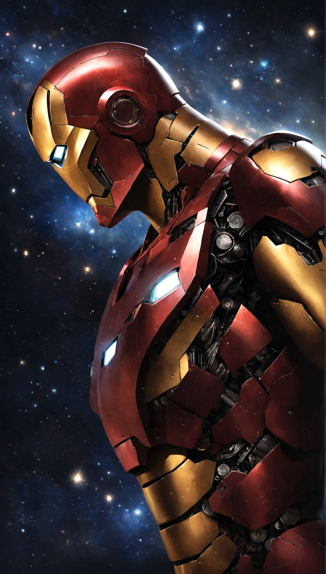 Iron Man, realistic, hyper-realistic, space, starry night