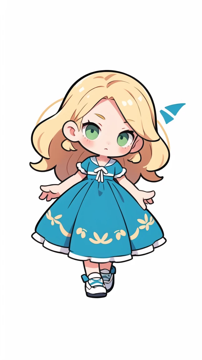 simple chibi style drawing of a beautiful girl, wearing a blue dress and white shoes, blonde hair and green eyes