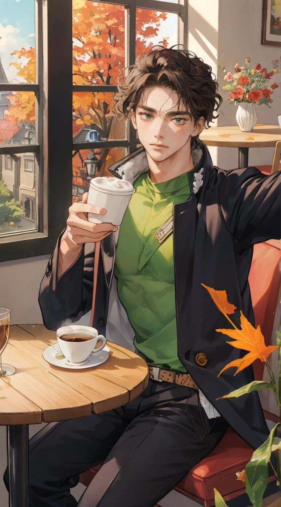 (Masterpiece, hiquality, absurdress), 1male, dark hair, Wavy Hair, The eyes are green, a perfect face, sports body, solo, Male body, male focus, Detailed eyes and face, Cozy café, lots of flowers, a table, Drinking coffee, Eat Cake, sitting at a table in a café, Take a selfie, overcoat, shirt, pants, Shoes, Romantic setting, Autumn outside the window