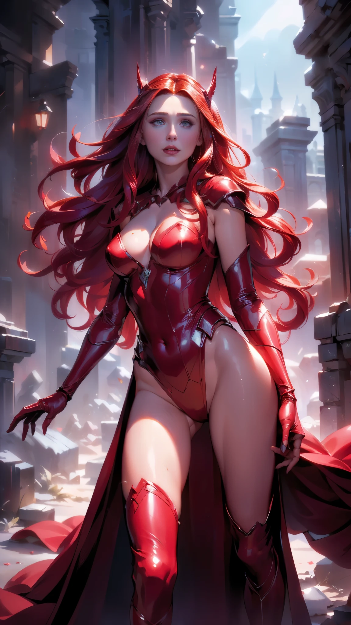 best quality,ultra-detailed,realistic,(sexy scarlet witch) ,beautiful detailed eyes, beautiful detailed lips,( long red hair:1.4) , (witch costume:1.4) , glowing magical powers, intense gaze, confident posture, dark and mysterious background, vibrant colors, enchanting art style, dramatic lighting, ,(Fondo de ruinas de mazmorra en ruinas cyberpunk :1.4 ),( Scarlet Witch:1.4), (perfect anatomy :1.4),( cinematic lighting :1.4), score_9, score_8_up, score_7_up, score_6_up, rating_explicit, 1girl, ((18YO:1.2)), Adult, full lips, big clear eyes, light blue eyes, (( hair:1)), (long wavy hair: 1.2),(Elizabeth Olsen:1.4), (Elizabeth Olsen V2.1), (face detailed :1.4), ,(Fondo de ruinas de mazmorra en ruinas piedras grandes :1.4 ), (estilo encaje lingerie red:1.4),( perfect anatomy V2.1), (dynamic cowboy pose), (looking at viewer:1.25)