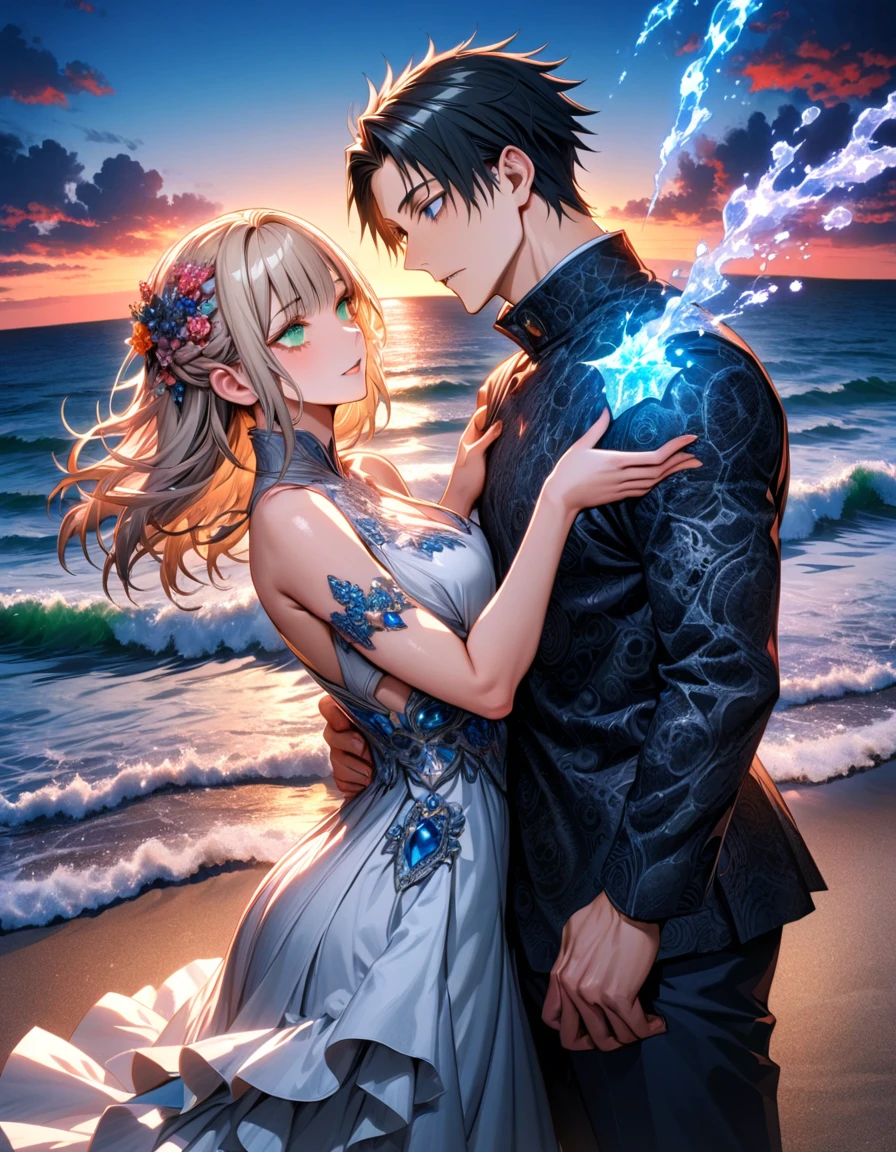 Ultra detailed, highres, absurdres, HDR, master piece, Okkotsu Yuuta, black hair, expressive dark blue eyes, Aida, ash blond hair with bangs, green eyes, white fantasy dress with black patterns, Jujutsu Kaisen, fantasy, sunset, beach, water, black ribbon on her hair, a handsome man together with a beautiful woman, sexy, couple, love, magic, best quality, extremely detailed face and eyes